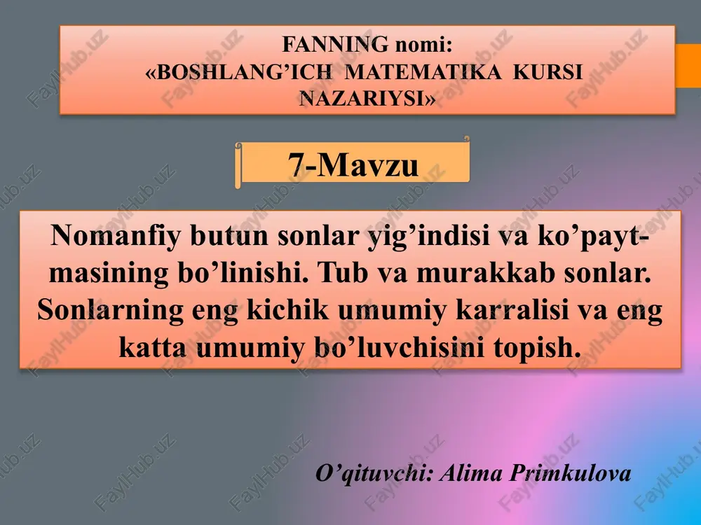 urakkab sonlar tub sonlar jadvalini tuzishning qulay usulini eramizdan avvalgi iii asrda aleksandriyada yashagan grek matematigi va astronomi eratosfen aniqlagani uchun u eratosfen g'alviri deb ataladi. eratosfen g'alviri 1 2 3 4 5 6 7 8 9 10 11 12 13 14 15 16 17 18 19 20 21 22 23 24 25 26 27 28 29 30 31 32 33 34 35 36 37 38 39 1-ta’rif. 𝑎 va 𝑏 butun sonlarning ikkalasiga ham bo’linadigan son shu sonlarning umumiy bo’luvchisi deyiladi. 2-ta’rif. 𝑎 va 𝑏 natural sonlar umumiy bo’luvchilarining eng kattasi shu sonlarning eng katta umumiy bo’luvchisi deyiladi, uni ekub(𝑎, 𝑏) ko’rinishda belgilanadi. 3-ta’rif. agar ekub(𝑎, 𝑏) = 1 bo’lsa, u holda 𝑎 va 𝑏 natural sonlar o’zaro tub sonlar deyiladi. 4-ta’rif. a va b sonlarining musbat umumiy karralilari ichida eng kichigi shu sonlarning eng kichik umumiy karralisi deyiladi va u ekuk(𝑎, 𝑏) orqali belgilanadi. (ekub) va (ekuk) har …