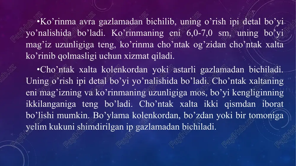 k gazlamadan bichilgan listochka, cho’ntak xalta, bo’ylama va uqa kerak bo’ladi. asosiy detalda cho’ntak o’rni kertimlar yordamida belgilab chiqiladi. chokdagi listochkasiz cho’ntakka chokdagi listochkali cho’ntak kabi ishlov beriladi. asosiy detal old va yon bo’laklarining o’ngiga kertimlar bo’yicha cho’ntak xalta qismlari o’ngini pastga qilib qo’yiladi va chetidan 1,0 sm masofada ulanadi. cho’ntak xalta ag’dariladi, choklari to’g’rilanadi va cho’ntak xalta tomonga yotqizib dazmollanadi. nazorat savollari: 1. ustki kiyimda cho’ntak turlari. 2. qirqma cho’ntak turlari. 3. qopqoqli qirqma cho’ntak detallari. image2.png image3.png image4.jpeg image5.jpeg image6.jpeg image7.jpeg image8.jpeg 6loz/ts ppang “y golsen 4wroxalesom uwifhloevlo sd lomhhoac] trpehykot ges bopot- hukaa nel2s5., burda 2/2018 trpehykot nphtaaeh- hore cuaysta nel 25, burda 3/2022 /docprops/thumbnail.jpeg em ruza [mavz avollar vaholalar kivimlarida ‘oiromaya qoplama rea