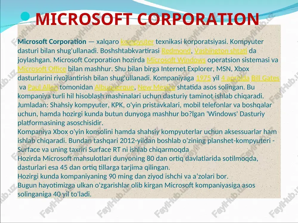 . microsoft korporatsiyasi 1975 yilda bill geyts va pol allen tomonidan tashkil etilgan. 1970-yillarning oxirida u shaxsiy kompyuterlar uchun operatsion tizim (ot)larni ishlab chiqarish bilan shug'ullana boshladi. ms-dos operatsion tizimning birinchilaridan edi, uning boshqaruvi buyruq qatori orqali amalga oshirilgan. windows 1 windows nt - barcha zamonaviy windows larning asosi 1993 yilning 27 iyulida windows nt ot paydo bo'ldi, u serverlar bozori (kompyuter tizimini ta'minlovchi kompyuterlar) va ishchi stantsiyalar (statsionar kompyuteralar)ga yo'naltirilgan edi. u odatiy windows otdan alohida ishlab chiqilgan, barcha zamonaviy windows’larning asosiga aylandi. windows 95 windows me 2000 yilning 19 iyunida windows 9x - millenium edition platformasidagi so'nggi ot chiqarilgan. u uyda fodalanish uchun mo'ljallangan, tomosha qilish, videolarni tahrir qilish va boshqa bir qator imkoniyatlarga ega bo'lgan. turli oav va ekspertlar uning ishonchlilik darajasi past ekanligini bir necha bor tanqid ostiga oldilar. dastlabki uch kun ichida 200 ming ta nusxa 59,95 aqsh dollari narxida sotilgan. windows xp – eng …