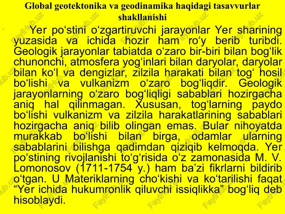 d joyi geoidning eng botiq va eng chiqqan o’rniga to‘g‘ri keladi; 3. okean osti dastlab bazaltdan tarkib topgan bo‘lib, past-baland, tulqinsimon tuzilgan. dengiz ostining ko‘tarilgan qismlari janubi-sharqqa tomon va ekvator tomonga yo‘nalgan; 4. yer yuzasidagi eng katta pastbalandliklar uning eng chiqqan joyiga ekvatorial oblastga to‘g‘ri keladi, qutblarga tomon relyef tekislana boradi. 5. yer po’stining geologik tuzilishini biz faqat quruqlikdagi qisminigina o‘rganishimiz mumkin. uning stratigrafiyasi, rel’efining tuzilishi geologiyaga va geologiyaga yaqin fanlarga asosiy ob’ekt bo‘lib hisoblanadi. qattiq po’stining rivojlanishi yer po’sti massasi bilan atmosferaning o‘zaro murakkab munosabatiga bog’liqdir. boshqacha qilib aytganda, yerning birlamchi kosmik yuzasidan tarixiy geologik hodisalar yig‘indisi natijasida yer po‘stining qisqarishi va qattiq po’stining burmalanishi planetada geologik bosqichning boshlanishini belgilaydi. okean tubi relyefi dunyo okeani tubi yirik litosfera plitalaridan tashkil topgan. lekin ular materiklar bilan birga yaxlit litosfera plitalarini tashkil etganligi uchun materiklar nomi bilan ataladi. faqat tinch okean tubi mustaqil litosfera plitasi tariqasida ajratiladi. okean tublarida daryo, dengiz …