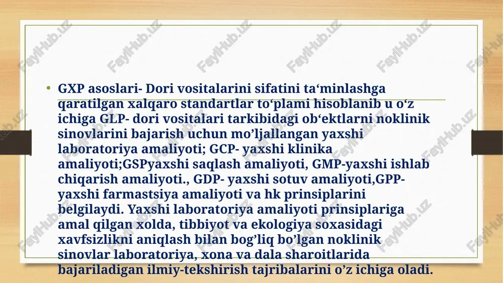 hilarga sifatli dori vositasini yetkazib berish uchun tizimi ishlab chiqish kerak va bu tizim tatbiq etilishi, qo‗llab-quvvatlab turilishi lozim.tizimli nazorat tashkil etish va qo’llab-quvvatlash jarayonlarning ishlashini, belgilangan talablarga mos kelishini doimo ta‘minlash, mahsulot sifati va ishlab chiqarish jarayonini nazorat etish, hamda monitoringini olib boruvchi tizim ishlab chiqish va undan foydalanish kerak. etiboringiz uchun raxmat ! image5.png image6.png image7.jpeg image8.jpeg image9.jpeg image3.png image4.png /docprops/thumbnail.jpeg