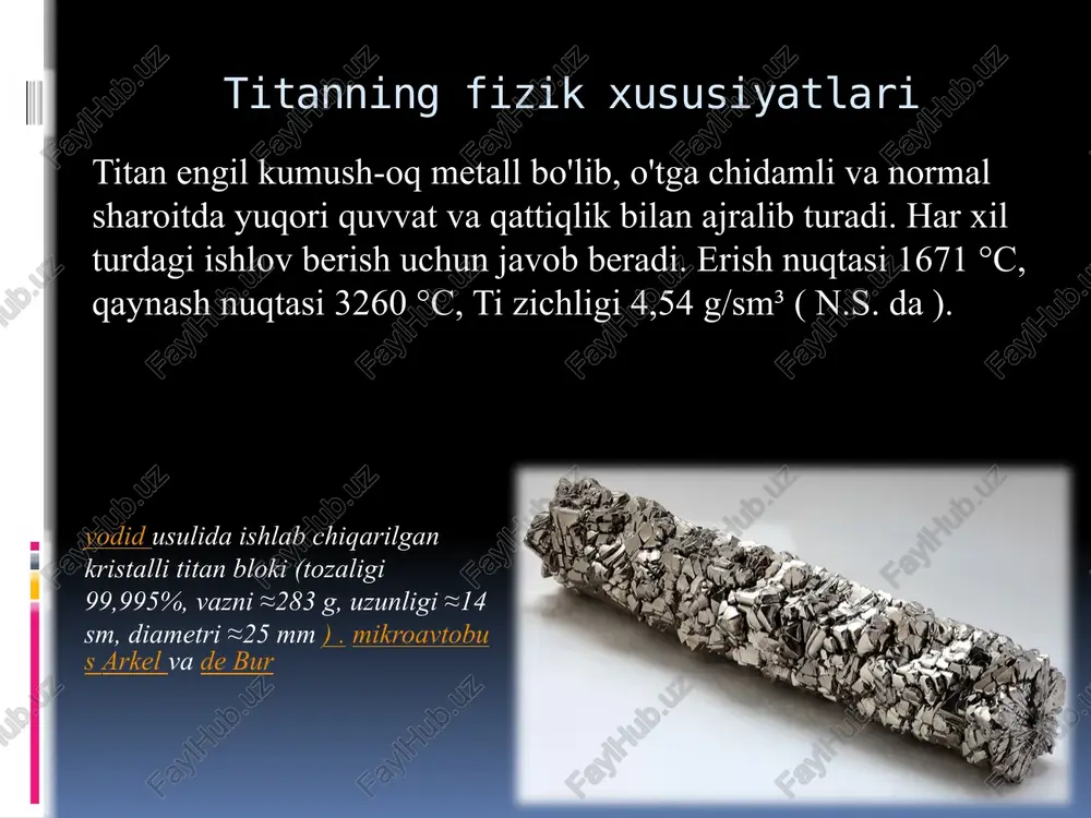 da bo'yash kerak bo'lmaydi - titan dengiz suvida zanglamaydi (korroziyaga chidamli). ko'pincha bu metall kemasozlikda turbinali dvigatellar, bug 'qozonlari va kondensator quvurlarini ishlab chiqarish uchun ishlatiladi. ushbu metall tibbiyot sanoatida katta talabga ega. ko'pgina jarrohlik asboblari titandan tayyorlanadi - engil va qulay. titan inson tanasi bilan mukammal "birlashadi". shifokorlar bu jarayonni "haqiqiy qarindoshlik" deb atashgan. titan tuzilmalari mushaklar va suyaklar uchun xavfsizdir, kamdan-kam hollarda allergik reaktsiyaga sabab bo'ladi va tanadagi suyuqlik bilan yo'q qilinmaydi. titan protezlari bardoshli va katta jismoniy yuklarga bardosh bera oladi. titan magnit bo'lmagan va issiqlik yoki elektr tokini o'tkazishda unchalik yaxshi emas. hatto katta dozalarda ham titan toksik bo'lib qoladi va inson tanasida tabiiy rolga ega emas, odatda so'rilmaydi . e'tiboringiz uchun rahmat image2.png image3.png image4.png image5.png image6.png image7.png image8.png image9.png rewer | he@teta30bar npombilunehhoctb cnopt/typh3m " rtomhaa npombilunehhoct tvitahobbin npokat abtomobuniectpoehve abvalina rawr meqmumha xvimmmeckas npombilunerhoct cyaoctpoehme /docprops/thumbnail.jpeg titan va uning birikmalarini olinish va xossalari
