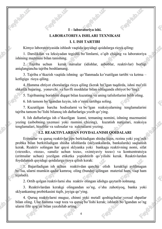 anga ustiga qum sepib o’chiring. 10. zaharlanib qolsangiz va qattiq kuysangiz darhol vrachga ko’rsating. 2 – laboratoriya ishi. mashg’ulot mavzusi: metallarning ekvivalentini aniqlash. mashg‘ulot rejasi: 1. ekvivalentlar qoidasi 2. oddiy moddalarda ekvivalentlarni aniqlash usullari. 3. murakkab moddalarda ekvivalent tushunchasi. 4. ekvivalent va valentlik tushunchasi orasidagi bog‘lanish mashg‘ulot maqsadi: ekvivalent to‘g‘risida aniq tushuncha olish, metalning ekvivalent og‘irligini tajriba yo‘li bilan aniqlash va kislota, asos hamda tuzlarning ekvivaletlarini hisoblash yullari bilan tanishish. tayanch iboralar: ekvivalent, valentlik, molyar massa, kislotaning tuzning, asosning ekvivalenti kerali jihozlar: texnik kimyoviy tarozi, rux yoki ammoniy metali (plastinkasi), xlorid kislota, vyurs kolbasi, shisha, termometr, barometr. alyuminiy bo’lagi, suyultirilgan sudfat kislota., probirka, byuretka, voronka mashg‘ulot mazmuni nazariy ma‘lumot kimyoviy birikmalarning tarkibiga kirgan elementlar bir – biri bilan muayyan va o’zgarmas og’irlik nisbatida bo’ladi (tarkibning doimiylik qonuni). ana shu og’irlik nisbatlar elementlarning ekvivalentalariga to’g’ri keladi. elementning kimyoviy reaksiyalarda bir og’irlik qism vodorod yoki 8 og’irlik qism kislorod bilan birika oladigan …