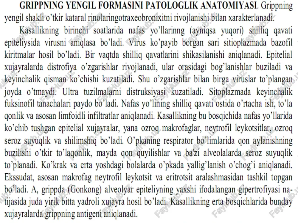 infeksiyani xavo tomchi yo’li bilan tarqaladi. paragripp infeksiyasini xarakterli klinik belgisi soxta krup va morfologiyasida esa patologik jarayonni nafas yo’llarining pastgi bo’limlari va o’pka to’qimasida rivojlanishidir. ko’pincha 1 yoshdan 5 yoshgacha bo’lgan bolalar kasallanadi, paragrippda intoksikatsiya grippga nisbatan kam ifodalangan bo’ladi va yengil kechadi, 1- chi va 2-chi tip viruslari o’tkir laringit va xiqildoqni shishini rivojlantiradi, bu klinikada soxta krup bilan davom etadi. 3-chi tip virusi bronxiolitni va pnevmoniyani go’zg’atadi virusni 4-chi tip! bilan go zg atiladigan kasallik, yugorl nafas yo lini oo tkir katarl ko’rinishida kechadi. mikroskopik tekshirilganda, nafas yo’llarida distrofik o’zgarishlar bilan bir paytda epiteliysini deskvamatsiyasi kuzatilgan. bulardan tashgari ularning 0’ choqli proliferatsiyasi natijasida yostiqsimon o’simtali tuzilmalar hosil bo’ladi. bu o’zgarish ko’prog mavyda bronx va bronxiolalarda aniglanadi. bu o’simtalarda xujavralar vadrosini pulaksimon va burishgan bo lishl xxarakterll nisodlanadl. natas yo harini subepitelial soxalarida shish to’lagonlik, o’chogli limfoid infiltratlar aniqlanadi. bronx bo’shlig’ida seroz suyuqlik tarkibida esa deskvamatsiyalangan epiteliya, aloxida …