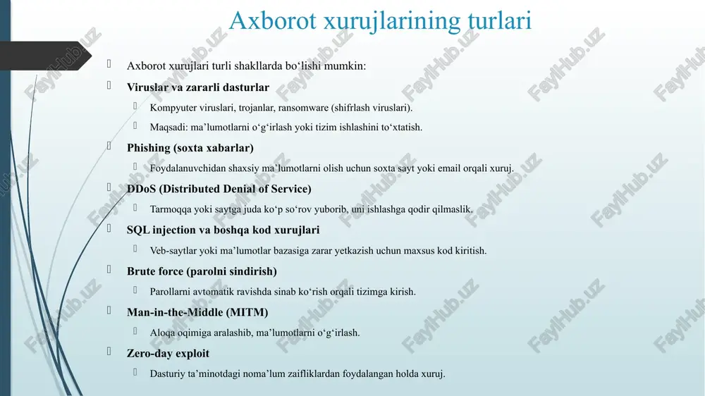 (sast/dast) joriy etish. secrets management: api kalitlari/credentialarni maxfiy saqlash (vault). container & cloud security: iam, least-privilege, infra-as-code tekshiruvi, konteyner imijlarini skanerlash. tashkiliy va jarayon choralari incident response (ir) reja: rol va vazifalar, aloqa kanallari, media va huquqiy bo‘lim bilan integratsiya. regular tabletop mashg‘ulotlar: senariylar bo‘yicha amaliy mashqlar. employee training: phishing simulyatsiyalari, security hygiene. third-party risk management: yetkazib beruvchilar bilan xavfsizlik talablarini shartnoma asosida belgilash. data classification & dlp: sezgir ma’lumotlarni identifikatsiya qilish va oqimlarni cheklash. legal & compliance: shaxsiy ma’lumotlarni himoya qilish qoidalariga muvofiqlik (mahalliy qonunchilikga asoslangan). xavfni kamaytirish bo‘yicha amaliy ro‘yxat (checklist — darhol tatbiq etish mumkin) mfa barcha administrator va vpn hisoblarida yoqilsin. critical serverlar uchun edr va loglarni siemga ulash. backup strategiyasi: 3-2-1 qoida (3 nusxa, 2 turli media, 1 offsite). tarmoq segmentatsiyasini joriy etish — ichki segmentlarni cheklash. bulut iam auditini o‘tkazish va kamolot talablarini joriy etish. har oyda zaiflik skanerlash va darhol patch qo‘llash jarayoni. …