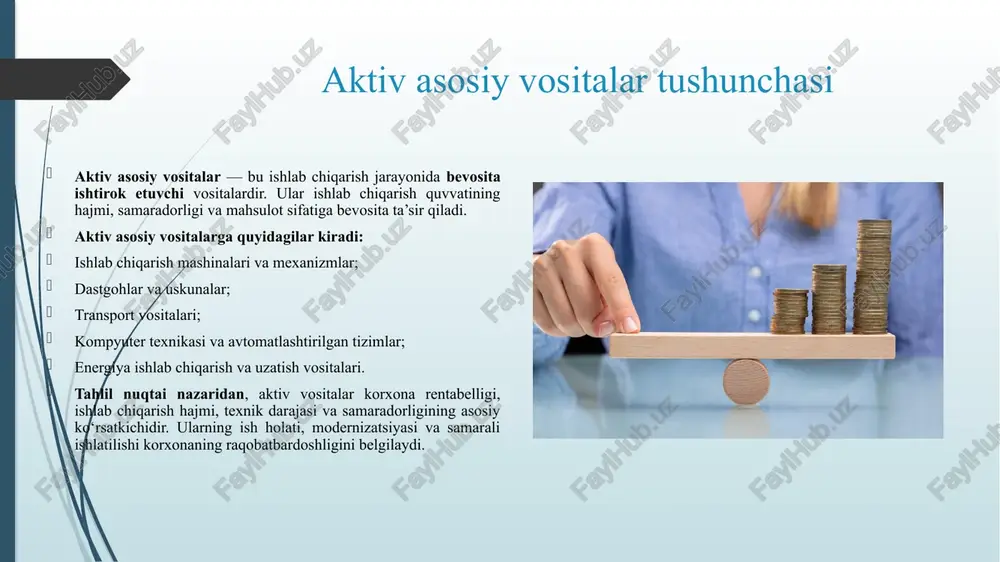 i}{boshlang‘ich qiymat} \times 100% ) asosiy vositalarning texnik holatini baholaydi. yangilanish koeffitsienti ( y = \frac{yangi vositalar qiymati}{yil boshidagi umumiy vositalar qiymati} \times 100% ) korxonada yangilanish jarayonining faolligini ifodalaydi. aktiv va passiv asosiy vositalarning tahliliy bahosi agar aktiv vositalar ulushi ortsa, ishlab chiqarish quvvati va mahsulot hajmi o‘sadi. agar passiv vositalar ulushi haddan tashqari ortsa, bu kapitalning samarasiz joylashtirilganini bildiradi. optimal nisbatni saqlash (taxminan 65% aktiv, 35% passiv) ishlab chiqarish samaradorligini ta’minlaydi. eskirgan aktiv vositalarni o‘z vaqtida almashtirmaslik ishlab chiqarish tannarxining oshishiga va raqobatbardoshlikning kamayishiga olib keladi. tahlilni amalga oshirishda foydalaniladigan usullar strukturaviy tahlil – aktiv va passiv vositalarning o‘zaro nisbatini aniqlash. dinamik tahlil – o‘tgan yillarga nisbatan o‘sish yoki kamayish sur’atlarini aniqlash. taqqoslama tahlil – boshqa korxonalar yoki tarmoq o‘rtacha ko‘rsatkichlari bilan solishtirish. ko‘rsatkichlar asosidagi tahlil – fond qaytimi, fond sig‘imi, eskirish, yangilanish, intensivlik va kengaytirish koeffitsientlarini tahlil qilish. zamonaviy tendensiyalar hozirgi kunda aktiv asosiy vositalarning samaradorligini oshirishda …