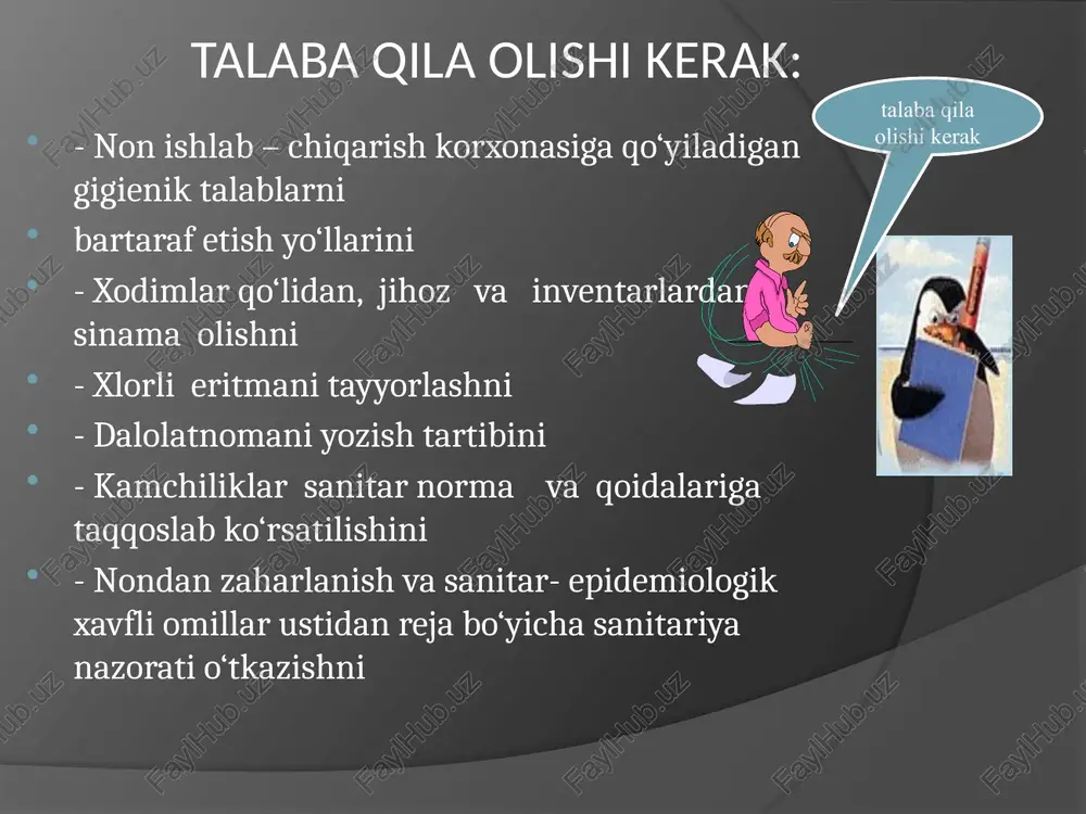 hmasligi javdar unidan tayyorlangan nonlarda namlik 49% dan oshmasligi kerak kislotaligi bug‘doy unidantayyorlangan nonda 5 gradusdan oshmasligikerakjavdar unidan tayyorlangannonda kislotalik 10 gradusdan oshmaslik kerak nonning fizik kimyoviy ko‘rsatgichlari g’ovakligi bug‘doy unidan tayyorlangannonlarda 63% javdar unidan tay.nonlarda 42% dan oshmaslik kerak nonning fizik kimyoviy ko‘rsatgichlarini aniqlash namlikni aniqlash kislotalikni aniqlash g'ovaklikni aniqlash namlikni aniqlash kislotalikni aniqlash g‘ovakligini aniqlash namlikni aniqlash uchun ma'lum miqdorda non olinib maydalanib taroziga tortiladi va quritish shkafiga 130 s da 45 minutga kuritiladi va olinib yana taroziga tortiladi oradagi farqlar formulaga qoyib hisoblanadi. g’ovakligini aniqlash uchun juravlyov priboridan foydalanamiz nonni mag‘iz qismidan burama xarakatlar qilib non olinadi 27 sm kub. barmoq orasiga olinib xavosi chiqarilib shariklar yasaladi silindirdagi suvga shariklarni solamiz vasuvning satxi ko‘tarilishiga qarab g’ovakligi aniqlanadi kislotalikni aniqlash uchun ma'lum miqdorda non olinib maydalanadi kolbaga solinib ustidan disstillangan suv solinib aralashtirilib bir xil massaga keltiriladi va uni marlidan o‘tkazib unga 1% li fenolftalin 1,2 tomchi tomiziladi …