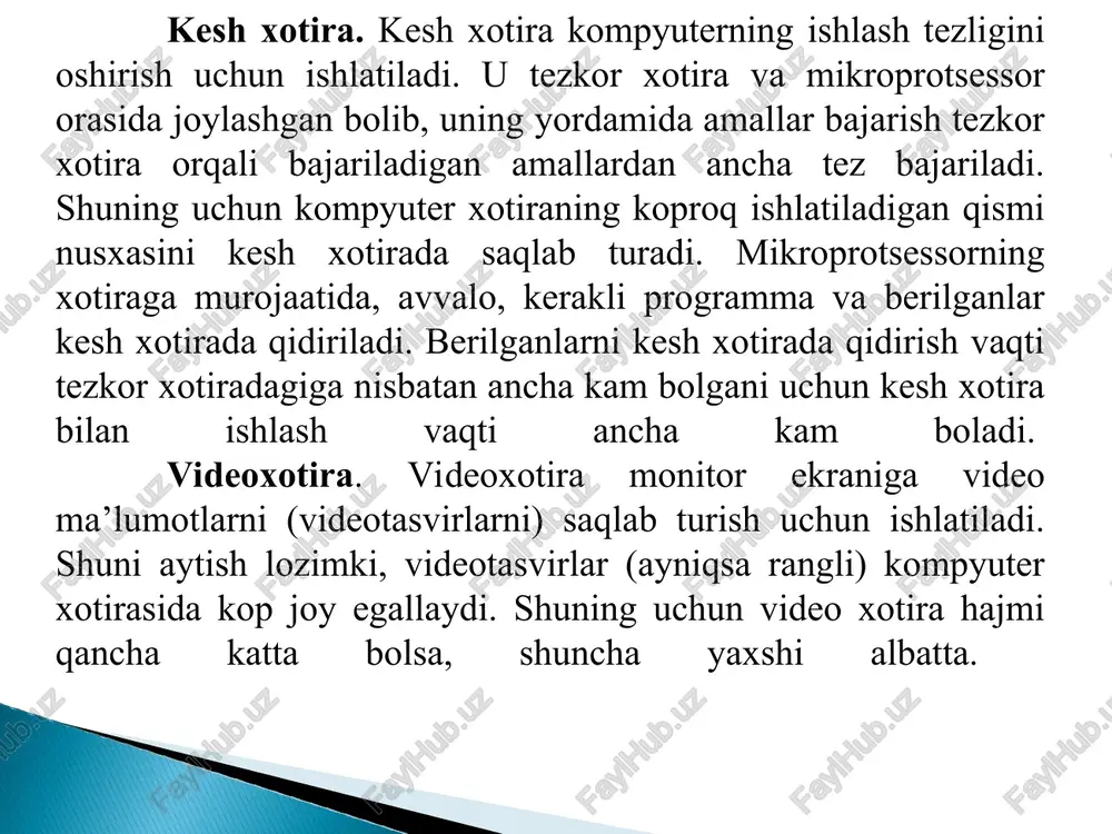 tomonidan ishlab chiqilgan. shu o‘rinda cd disklarning ishlab chigarilishi bilan bog‘liq kompyuterlarning imkoniyati hagida aytmay iloji yo‘q. multimedia — matn, tovushli ma’lumotlarni, tabiiy va grafik tasvirlarni birlashtiruvchi axborot texnologiyasidir. multimedia uchun zamonaviy cd-rom texnologiyalar taqdimnomasi ilk marta 1987- yili sietldagi konferensiyada (second microsoft cd — rom conference) bo‘lib o‘tdi va bu sana video va audioaxborotli to‘laqonli multimedia paydo bo‘lishining boshlanishi deb hisoblanadi. hozirgi kunda axborotlarni tashish va saqlashning es juda qulay vositalaridan biri bo‘lgan usb- y » yig‘uvchilardan flash-xotira va flash-disklar xizmat qilmoqda. usb-yig‘uvchilar — ko‘p marta yoziladigan yarim o‘tkazgichli xotiradir. ular integral mikrosxemalar asosiga qurilgan bo‘lib, mexanik harakatlanuvchi qismlardan holidir. flash-xotiraning axborot sig‘imi 16 mbaytdan bir necha o‘n gbaytgacha bo‘lgan turlari mavjud. flash-xotira va flash- disklarning kun sayin axborot sig‘imi kattalari ishlab chiqarilmoqda. printer — ma’lumotlarni qog‘ozga chiqarish qurilmasi. hozirgi kunda printerlarning uch turi mavjud: bosma (matritsa-o‘yma qolipli), purkovchi, lazerli. printerlarning bosma turi hozirgi kunda deyarli foydalanilmaydi. purkovchi printer …