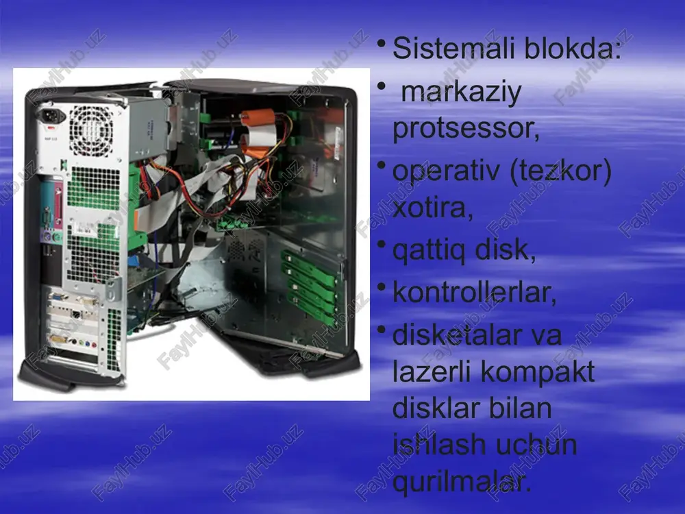 urkovchi printerda tasvir qog’ozga maxsus qurilma orqkali purkaladigan siyoh tomchilaridan yuzaga keladi. purkovchi rangli printer sifati lazerli printerga yaqin, narxi arzon va shovqinsiz ishlaydi. shuning uchun hozirgi kunda ko’pchilik undan foydalanyapti. tezligi bir bet uchun 15 dan 100 sekundgacha. lazerli kompakt disklar. 1982 yilda sony va philips firmalari cd-rom xotira qurilmalarini kashf qilib, raqamli audio axborotlar erasini ochib berdi. cd-romlar optik disklar bo’lib, axborotni yozish va o’qish lazer bilan amalga oshiriladi. cd-romlarning asosiy xarakteristikalaridan biri ma’lum vaqt oralig‘ida axborotning uzatish tezligi bilan xarakterlanadi. amalda 8x, 36x, 52x tezlikli cd-romlar foydalanilmoqda. cd-romda foydalaniladigan disklarning diametri 120 mm, qalinligi 1.2 mm, markaziy tirqish diametri 15 mm. axborot siqimi 650 -850mbayt. sd-rom plastik moddadan tayyorlanadi va sirtiga alyuminiy qatlam surtilgan bo’ladi, ximoya qatlam sifatida laklangan bo’ladi. cd-rom disklarga axborot cd rekorder yordamida yoziladi. lazer nuri alyuminiy qatlamni kuydirishi xisobiga chuqurliklar hosil bo’ladi. modem va faks-modemlar. modem-telefon tarmog’i or­qali kompyuter bilan aloqa qilish imkonini …