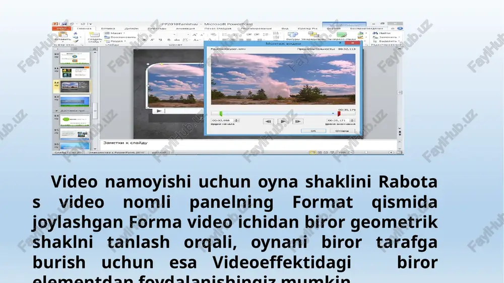 hun xarakat effekti qanday o'rnatiladi? a) "perexodi" vkladkasi yordamida b) "animatsiya" vkladkasi yordamida c) "dizayn" vkladkasi yordamida d) "pokaz slaydov"-"s tekushego slayda" 5. taqdimot namoyishini avtomatlashtirish uchun vaqt o'rnatish qanday bajariladi? a) "pokaz slaydov"-"nastroyka vremeni" b) "pokaz slaydov"-"effekti animatsii..." c) "pokaz slaydov"-"nastroyka animatsii..." d) "pokaz slaydov"-"nastroyka deystviya..." 6. taqdimot faylini powerpointni ishga tushirmasdan namoyish qilishni boshlash uchun qo'llaniladigan amal qanday? a) kontekst menyudan "pokazat" buyrug'i orqali b) faylni ikki marta sichqoncha yordamida tanlash orqali c) f5 tugmasi yordamida d) "pokaz slaydov"-"nachat pokaz" 7. f5 tugmasining vazifasi nima? namoyishni boshidan ishga tushirish bitta ajratilgan slaydni namoyish qilish fayldan nusxa olish namoyishni kelgan joyidan davom ettirish 8. namoyishni majburan to'xtatish? esc tugmasi yordamida end tugmasi yordamida f1 tugmasi yordamida delete tugmasi yordamida e’tiboringiz uchun rahmat! image1.png image2.png image3.png image4.png image5.png image6.png image7.png image8.png image9.jpeg image10.jpeg image11.jpeg ad + pp2010tanishuv - microsoft powerpoint =e bi. 6e cece @ & @ 2am al, samenurre …