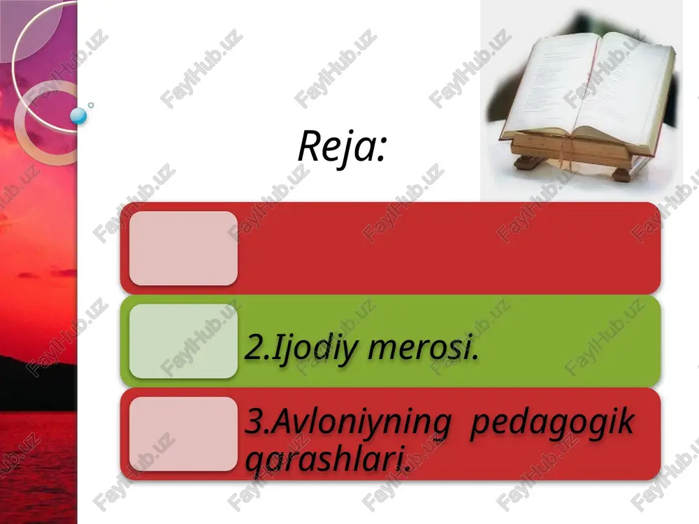 abdulla avloniy nazorat savollari: 1. o’zbek pedagogikasi tarixida kim birinchi marta pedagogika «pedagogiya», ya’ni bola tarbiyasining fani demakdir, deb ta’rif beradi? javob: abdulla avloniy 2. abdulla avloniy bola tarbiyasini nisbiy ravishda necha bo’limga ajratadi? javob: to’rt guruhga 3.qaysi alloma «al-hosil tarbiya bizlar uchun yo hayot, yo mamot, yo najot, yo halokat, yo saodat, yo falokat masalasidur» deb uqtiradi? javob: abdulla avloniy 4. «turkiy guliston yoxud axloq» asari qanday asar hisoblanadi? javob: axloqiy va ta’limiy tarbiyaviy asardir. 5. «birinchi muallim» «turkiy guliston yoxud axloq» «ikkinchi muallim», «maktab gulistoni» asarlari muallifi kim? javob: abdulla avloniy 6. abdulla avloniy truppa uchun qanday drammalar yozadi? javob: «advokatlik osonmi?», «pinak», «ikki muhabbat», «portugaliya inqilobi» kabi dramalar yozdi. 7. a. avloniy badan tarbiyasi masalasida bolani sog’lom qilib o’stirishda ota-onalarga murojat qilsa, bolani fikr tomondan tarbiyalashda kimlarning faoliyatlariga alohida e’tibor beradi? javob:o’qituvchilarning faoliyatlariga alohida e’tibor beradi 8. ayni zamonda muallif ta’lim va tarbiya uzviy bog’liq ekanini qanday …
