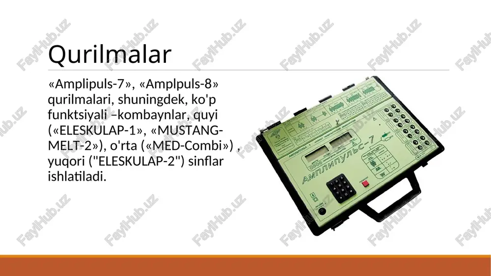 zararlanishi, lat yeyish, chiqish, mialgiya,tendovaginit, periartrit, mushak atrofiyasi, epicondilit), bo’g’im kasalliklari, bexterev kasalligi, birlamchi mushak atrofiyasi, suyak sinishi, jismoniy kamharakatlik, alimentar-konstitutsional semizlik, qomatning buzilishi natijasida cho’zilgan immobilizatsiya tufayli ikkilamchi mushak atrofiyasi. qarshi ko’rsatma. ichki organlarning o'tkir va o’tkirosti yallig'lanish kasalliklari, o't toshlari va urolitiaz, elektr tokiga yuqori sezuvchanlik, psixoz, tarqoq skleroz, varikoz kasalligi. parametrlar. jarayonni bajarish uchun past chastotali modullangan toklarning 2-9,5 khz chastotali, (0-250 hz) chastotali va amplitudali modullangan uzatmalar qo'llaniladi. foydalaniladigan apparatlar "stimul 1 ", “ems 30-3”, "miovolna", "mio-ton", "stimul 2" (rossiya), shuningdek past chastotali bi-va monopolyar impulslarni bir qator modulyatsiya qilingan toklarni yaratishga imkon beradigan, ko'p funksiyali o’rta ( " med-kombi") va yuqori ( "eleskulap-2", duo, endomed, intellect-advanced, physys, physyodin) klass-kombayn qurilmalar ishlatiladi. ko'p kanalli mioelektrostimulyatsiya uchun ko'p kanalli «esma», «galatea» va boshqalar qo'llaniladi. yuz va qo'l mushaklari uchun tok kuchi 3-5 ma va yelka, tizza, son mushaklari uchun tok kuchi 40-45 ma gacha. ichki organlarning silliq …