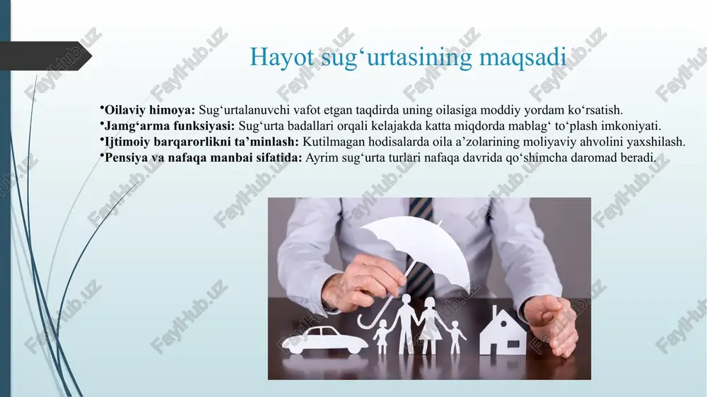 alanuvchi tomonidan to‘lanadigan davriy to‘lovlar. xulosa xulosa qilib aytganda, hayot sug‘urtasi – inson va uning oilasi uchun moliyaviy barqarorlikni ta’minlaydigan, kutilmagan hayotiy holatlardan himoya qiluvchi muhim iqtisodiy mexanizmdir. u nafaqat sug‘urta to‘lovi shaklida yordam beradi, balki jamg‘arma va investitsiya vositasi sifatida ham ahamiyatga ega. hayot sug‘urtasi aholining moliyaviy madaniyatini rivojlantirish, uzoq muddatli rejalashtirishni shakllantirish va iqtisodiy tizimga qo‘shimcha mablag‘ kiritish imkonini yaratadi. o‘zbekiston sharoitida bu soha izchil rivojlanib, xalqaro tajribalarni joriy etish orqali aholining ijtimoiy himoyasini mustahkamlashda katta rol o‘ynamoqda. shu bois, hayot sug‘urtasini keng targ‘ib etish, aholining sug‘urta madaniyatini oshirish va raqamli xizmatlarni rivojlantirish – mamlakatning moliyaviy barqarorligi hamda ijtimoiy farovonligini ta’minlovchi muhim yo‘nalishlardan biri hisoblanadi. image1.jpeg image2.jpeg image3.jpeg image4.jpeg image5.jpeg image6.jpeg image7.jpeg it <8 in —— ureeee thatiiadd “wragaaaaes sn mc nf er - “se 1 i { merci. ga " /docprops/thumbnail.jpeg hayot sug'urtasi