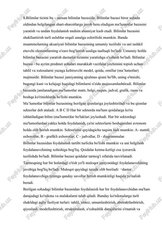 ishlab chiqqan davlat nomi, kompaniya nomi, akterlar ismlari hamda rejisserlar va stsenariy mualliflari ism shariflaridan ham foydalanish mumkin. “ebdb” – elektron kutubxonalardan kitoblarni qidirishga ixtisoslashgan axborot-qidiruv tizimi. ushbu saytning ma'lumotlar bazasida elektron ko’rinishda tarqatiladigan adabiyotlarning ko’plab mashhurlari to’plangan. qidiruv natijalari kitob nomlari bo’yicha guruhlanadi. “ulov-umov” – rezyume va vakant joylarni qidirish tizimi. bunda qidiruv jarayonida karera va ishga bag’ishlangan hamda ijtimoiy tarmoq va boshqa saytlar vakansiyalari tekshiriladi va ro’yxati shakllantiriladi. 2.boshqarish - bu o‘ta muhim funktsiya, usiz hech bir tashkilot maqsadgayo‘naltirilgan faoliyat yurita olmaydi. boshqarishning maqsadi raqobat kurashidaomon qolish, ko‘proq foyda olish, muayyan bozorlarga chiqish va hokazolardir.boshqarish aniq bir tashkilotlarning o‘ziga xosligi va boshqarish maqsadlarigabog‘liq holda ularni barqarorlashtirish, sifat belgilarini saqlash, muhit bilan iqtisodiymuvozanatni ushlash, tashkilotni takomillashtirishni va u yoki bu foydali samaragaerishishni ta’minlashga imkon beradi. boshqarishni amalga oshirish alohida vazifa sanaladi. uni bajarish uchuntashkilotning ayrim elementlari ixtisoslashadi. shu bois ham tashkilot doirasidaboshqariladigan jarayon (boshqarish ob’ekti) va boshqaruvchi qism (boshqaruvorgani) …
