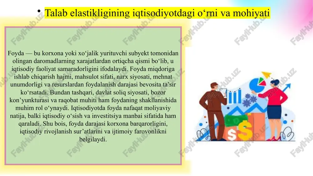 sa, oziq-ovqat, transport va texnika sohalarida muhim ahamiyat kasb etmoqda. bozor muvozanatini saqlashda kross elastiklik tahlili iqtisodiy siyosatning muhim vositasi hisoblanadi. talab elastikligining amaliy ahamiyati va o‘zbekiston bozorida qo‘llanishi talab elastikligi tahlili korxonalar uchun marketing va narx siyosatini belgilashda muhim vosita hisoblanadi. bozor sharoitida xaridorlarning narx o‘zgarishiga bo‘lgan munosabatini o‘rganish orqali korxonalar daromadni oshirish strategiyasini ishlab chiqadi. elastiklikni tahlil qilish mahsulotni bozorda joylashtirish, reklama kampaniyasini to‘g‘ri rejalashtirish hamda yangi mahsulot turini joriy etishda asosiy ko‘rsatkich bo‘lib xizmat qiladi. shu orqali ishlab chiqaruvchilar bozor talabiga moslashib, resurslardan samarali foydalanadi. narx o‘zgarishiga sezgir bo‘lgan tovarlarda raqobatbardoshlikni saqlash uchun differensial narxlash usullari qo‘llaniladi. o‘zbekiston bozorida bunday tahlil import o‘rnini bosuvchi mahsulotlar ishlab chiqarishda keng qo‘llanmoqda. elastiklik tahlili yordamida korxona foyda maksimal nuqtasini aniqlay oladi. mahsulot narxi bilan talab o‘rtasidagi elastiklik korxonaning narx siyosatini shakllantirishda muhim omil sanaladi. agar mahsulotga talab elastik bo‘lsa, narxni oshirish sotuv hajmini kamaytiradi va daromad pasayadi. shu bois korxona …