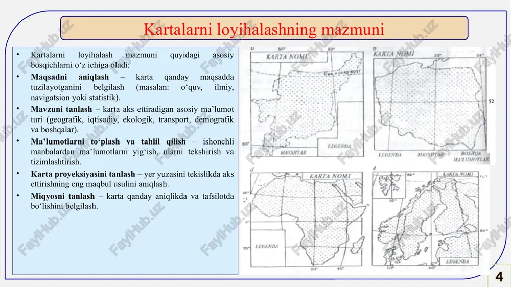 ar 16 raqamli kartografiya — ma’lumotlar elektron shaklda saqlanadi va avtomatik yangilanadi. veb-kartografiya — foydalanuvchilar internet orqali kartani tahlil qiladi, o‘lchov qiladi, qidiruv va navigatsiya funksiyalaridan foydalanadi. interaktiv vizualizatsiya — foydalanuvchi xaritani kattalashtirishi, filtrlashi, ma’lumot qatlamlarini yoqib-o‘chirishi mumkin. sun’iy intellekt va avtomatlashtirish — karta ma’lumotlarini avtomatik tahlil qilish va belgilarni moslashtirish imkonini beradi. 3d kartalar va virtual muhit — relyef, bino va infratuzilmani uch o‘lchamda ko‘rsatish orqali yanada real tasvir yaratadi. kartalarni loyihalashda uchraydigan muammolar 17 ma’lumotlarning eskirgan yoki noto‘liq bo‘lishi; proyeksiya xatoliklari va o‘lchov nomuvofiqligi; belgilar tizimining noaniqligi; ranglar va matnlarning o‘qilishi qiyin bo‘lishi; texnik nosozliklar yoki dasturiy xatoliklar. bu muammolarni bartaraf etish uchun loyihalash bosqichida sinov, ekspertiza va tahrir jarayonlari o‘tkaziladi. kartalarni loyihalash – bu ilmiy tahlil, texnik aniqlik va estetik dizayn uyg‘unlashgan jarayondir. har bir bosqichda aniqlik, yangilik va qulaylikni ta’minlash zarur. zamonaviy texnologiyalar yordamida ishlab chiqilgan kartalar geografik axborotni nafaqat ko‘rsatadi, balki uni tahlil qilish, rejalashtirish …