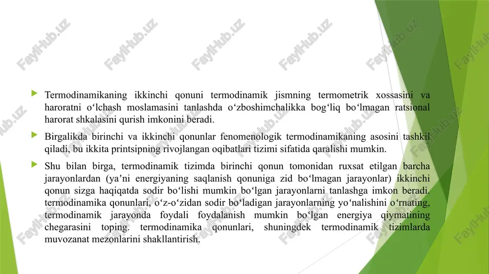 a entropiyani oshirish qonuni. afanasiev-ehrenfest ikkinchi qonunning birinchi qismi toʻrtta aksiomaga asoslanadi va muvozanat holatlari va muvozanat jarayonlariga, ikkinchi qismi esa ikkita aksiomaga asoslanadi va muvozanat boʻlmagan jarayonlarga taalluqlidir. 1954-yilda n. i. belokon ikkinchi qonunning turli formulalarini tanqidiy tahlil qilish asosida "klassik termodinamikaning ikkinchi qonuni doirasida entropiyaning mavjudligi tamoyilini qurish, qaytarib boʻlmaydiganlik postulatlari notoʻgʻri va bir qator yashirin va mutlaqo boʻsh taxminlarni oʻz ichiga oladi. belokon afanasyeva-erenfest g‘oyalarini rivojlantirar ekan, termodinamikaning ikkinchi qonunini ikki tamoyilga ajratdi: „termostatikaning ikkinchi qonuni“ (mutlaq termodinamik harorat va entropiyaning mavjudligi printsipi) va aslida „ikkinchi qonun“ termodinamikaning, shuningdek, belokonning aniq simmetrik postulatiga asoslanib, qaytmaslik postulatidan mustaqil entropiyaning mavjudligi tamoyilini asoslashni taklif qildi. termodinamikaning ikkinchi qonunining ochilishi va shakllanishi "termodinamikaning ikkinchi qonunining ochilish tarixi fanning umumiy tarixidagi eng ajoyib boblardan biri bo‘lib, uning oxirgi sahifalari hali tugallanmagan. termodinamikaning ikkinchi qonuni deb ataydigan tabiat sirlari pardasini ko‘tarish uchun ko‘plab xalq daholarining saʼy-harakatlari zarur edi. termodinamikaning ikkinchi qonuni issiqlik …