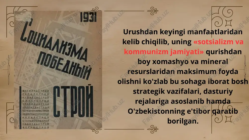 5), «xo'ja nasriddinning sarguzashtlari», «farg'ona qizi» kabi kinofilmlar xalq olqishiga sazovor bo'ldi. ayni shu davrda adabiyot va san'atda sotsialistik realizm deb atalmish yo'nalish hukmron bo'la boshladi va respublikada madaniy hayot kommunistik mafkuraga bo'ysundirildi. foydalanilgan adabiyotlar: 1.o’zbekistonning eng yangi tarix(ii kitob) 2.www.wikipedia.org e’tiboringiz uchun rahmat! image1.jpeg image2.png image3.png image4.png image5.png image6.jpeg image7.png image8.svg image9.png image10.svg image11.png image12.svg image13.jpeg image14.png image15.svg image16.png image17.svg image18.png image19.svg image20.png image21.png image22.png image23.png image24.png image25.png image26.jpeg image27.png image28.png image29.png image30.png image31.png image32.png image33.png image34.png image35.png image36.svg image37.png image38.svg /docprops/thumbnail.jpeg