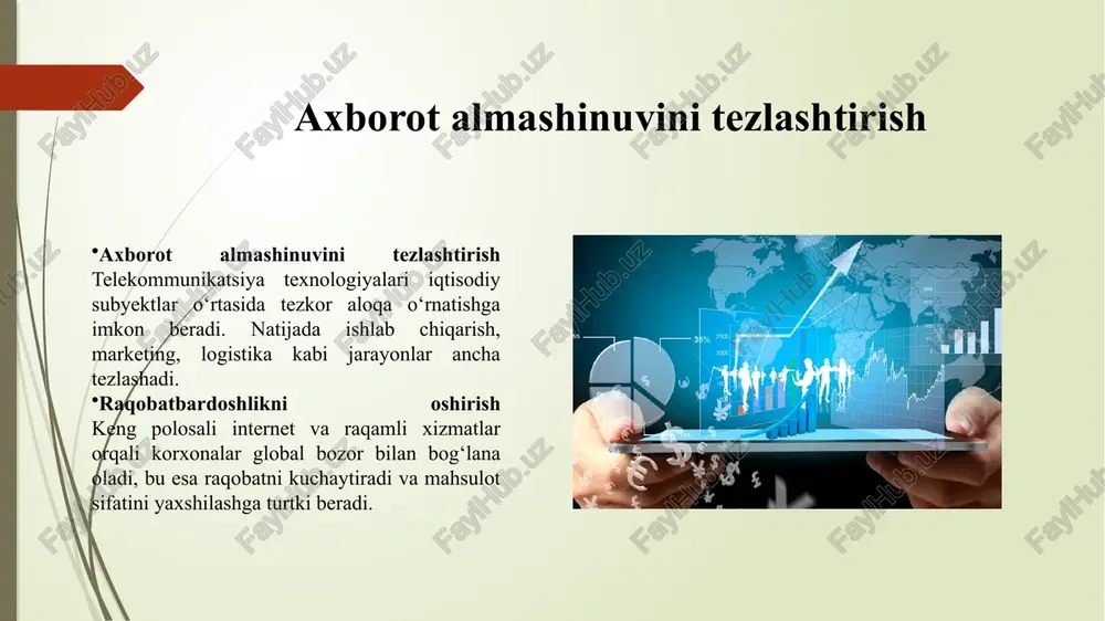 siyosatining ustuvor yo‘nalishiga aylangan. “raqamli o‘zbekiston – 2030” dasturi doirasida: optik tolali aloqa tarmoqlari uzunligi 2020-yildan 2025-yilgacha ikki barobar oshirilmoqda. 5g tarmoqlarini sinovdan o‘tkazish ishlari boshlandi. qishloq hududlarida mobil aloqa va internet qamrovi sezilarli darajada kengaytirildi. bu jarayon natijasida iqtisodiyotda yangi xizmat turlari, elektron hukumat platformalari va startap ekotizimlari rivojlanmoqda. xulosa xulosa qilib aytganda, telekommunikatsiya infratuzilmasi zamonaviy iqtisodiyotning ajralmas va strategik tarkibiy qismi hisoblanadi. u ishlab chiqarish, xizmat ko‘rsatish, ta’lim, sog‘liqni saqlash, moliya, transport va hatto davlat boshqaruvi sohalarining samarali faoliyat yuritishida hal qiluvchi rol o‘ynaydi. rivojlangan telekommunikatsiya tarmoqlari mamlakat ichida tezkor axborot almashinuvini ta’minlab, ichki va tashqi bozorlar o‘rtasidagi iqtisodiy aloqalarni kuchaytiradi, shuningdek, innovatsiyalar va yangi texnologiyalarni joriy etish uchun mustahkam asos yaratadi. telekommunikatsiya infratuzilmasiga yo‘naltirilgan investitsiyalar iqtisodiyotning raqamli transformatsiyasini tezlashtiradi, yangi ish o‘rinlarini yaratadi va hududlar o‘rtasidagi iqtisodiy tafovutni kamaytiradi. ayniqsa, raqamli iqtisodiyotning kengayishi va 5g, iot kabi ilg‘or texnologiyalarni joriy etish mamlakatning global raqobatbardoshligini oshirishda muhim omil …