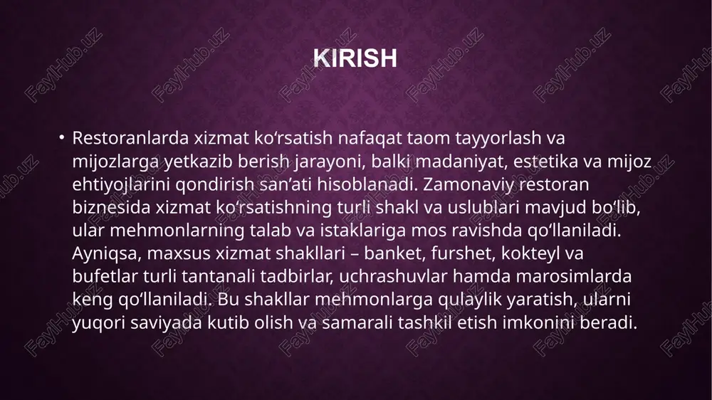 o‘rsatishning turli shakl va uslublarini to‘g‘ri qo‘llash esa zamonaviy restoran biznesida muhim ahamiyat kasb etadi. maxsus xizmat shakllari: banket, furshet, kokteyl, bufet va ularning xususiyatlari maxsus xizmat shakllari restoranlarda tashkil etiladigan alohida turdagi tadbirlar bo‘lib, ular ko‘proq rasmiy uchrashuvlar, bayramlar, marosimlar va ommaviy yig‘inlarda qo‘llaniladi. ular oddiy kundalik xizmatdan farqli ravishda o‘zining tashkiliy murakkabligi, estetik talablari va mehmonlarga taqdim etiladigan qulayliklari bilan ajralib turadi. maxsus xizmat shakllari ichida eng ko‘p tarqalganlari — banket, furshet, kokteyl va bufet hisoblanadi.a banket — bu rasmiy yoki norasmiy marosimlarda, odatda tantanali yig‘ilishlarda tashkil etiladigan maxsus xizmat shakli. banketlarda dasturxon oldindan boy bezatiladi, taomlar tartibli holda joylashtiriladi va xizmat ko‘rsatishning fransuzcha yoki inglizcha uslublari keng qo‘llaniladi. banketning xususiyati shundaki, unda ko‘plab mehmonlar qatnashadi va u maxsus protokol yoki an’analarga asoslanadi. masalan, to‘y, yubiley, davlat qabul marosimlari ko‘pincha banket tarzida tashkil qilinadi. furshet — odatda turib xizmat qilinadigan shakl bo‘lib, bunda dasturxonlar yonida mehmonlar mustaqil ravishda …