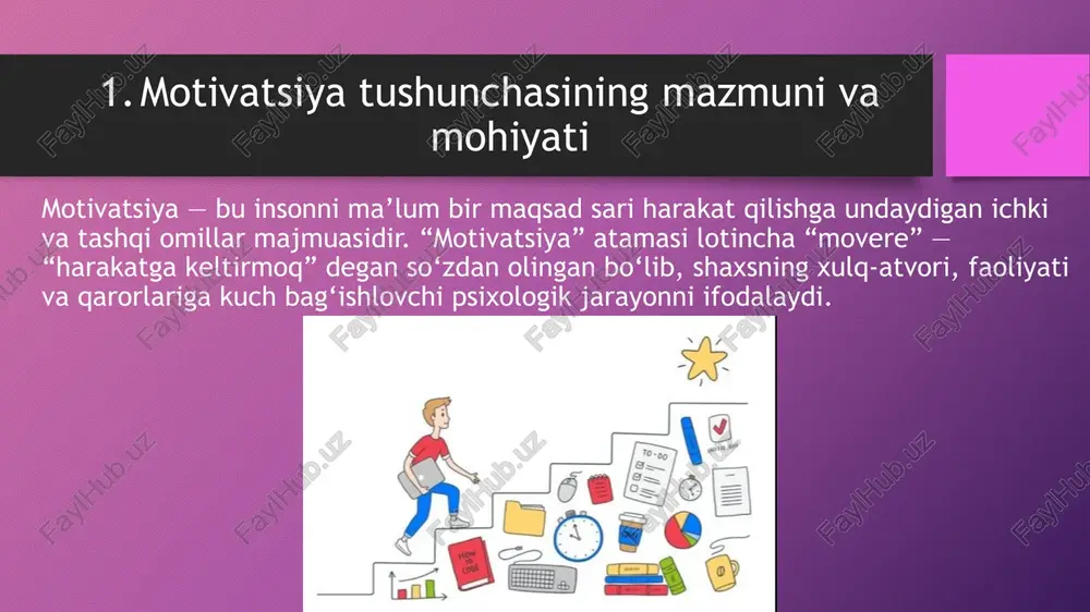 a’lim, mehnat, shaxsiy hayot va jamiyat taraqqiyotida hal qiluvchi ahamiyatga ega. motivatsiyani to‘g‘ri shakllantirish va uni doimiy ravishda qo‘llab-quvvatlash orqali yuqori natijalarga erishish mumkin. foydalanilgana dabiyotlar g‘oziev e.g‘. umumiy psixologiya. — toshkent: o‘zbekiston milliy ensiklopediyasi, 2002. xolbekov a. psixologiya asoslari. — toshkent: o‘qituvchi, 2010. maslow a. motivation and personality. — new york: harper & row, 1954. image2.png image3.png image4.jpeg image5.jpeg image6.jpeg image7.jpeg image8.jpeg image1.png /docprops/thumbnail.jpeg