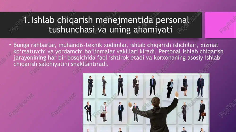 h; rag‘batlantirish va baholash tizimini takomillashtirish. shu tariqa, personalni rivojlantirish va motivatsiya qilish ishlab chiqarish samaradorligini oshirish, raqobatbardoshlikni ta’minlash va xodimlarning korxonaga sodiqligini kuchaytirishda hal qiluvchi omil hisoblanadi. xulosa ishlab chiqarish menejmentida personal — bu korxonaning eng asosiy resursi bo‘lib, ishlab chiqarish jarayonining muvaffaqiyati ko‘p jihatdan xodimlarning malakasi, motivatsiyasi va boshqaruv samaradorligiga bog‘liq. personalni to‘g‘ri tanlash, joylashtirish, boshqarish va rivojlantirish orqali korxona ishlab chiqarish hajmini oshiradi, mahsulot sifatini yaxshilaydi va bozor sharoitida raqobatbardoshlikni ta’minlaydi. personal menejmentida zamonaviy yondashuvlar — inson omiliga e’tibor berish, motivatsiya tizimini takomillashtirish, malaka oshirish va texnologik innovatsiyalarni joriy etish orqali ishlab chiqarish samaradorligini sezilarli darajada oshirish mumkin. foydalanilgana dabiyotlar bekmurodov a. “menejment asoslari”. – toshkent: iqtisod-moliya, 2020. qodirov b. “ishlab chiqarish menejmenti”. – samarqand: samdu nashriyoti, 2019. fayol a. general and industrial management. – london, 2018. image2.png image3.png image4.jpeg image5.jpeg image6.jpeg image7.jpeg image8.jpeg image1.png /docprops/thumbnail.jpeg