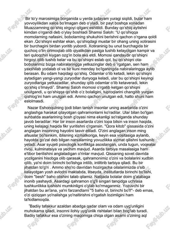 ng ham yelkamizga bir kun oftob tegar, biz o‘qimasak, bolalarimiz o‘qir, har qalay, hamisha shunday qoloq bo‘lib qolmasmiz. agar qo‘lingizdan kelsa, ana qishlog‘imizda qancha baxtiqaro ayollar bor, o‘shalarga yordam bering. mening ildizim shu yerda! shu odamlar orasida, men boshqa joyda ko‘karmayman. muazzam o‘zining qayerdan ekanligini, ildizi o‘zining tuprog‘idan uzilib qolgan nihol alal-oqibat qurib qolishini shamsi salohdek fikri teran ziyolidanda yaxshiroq tushunar edi. shamsi saloh qanchalik kuyib-yonmasin muazzamni o‘z gaplariga ishontira olmadi. bunday bo‘lishi mumkin ham emasdi. shamsi saloh qishloqdagilarni yovvoyi yashashini xazm qilolmasdi: “hali ham yovvoyi yashaymiz, juda qoloqmiz, -dedi hafsalasizlik bilan”. u muazzamni bunday yovvoyilik ichida baxtsiz deb o‘ylardi, ammo o‘zi istagan baxtsizlikni muazzamning ko‘zlaridan topa olmadi. “yo ‘q, bular uning qalbini hech qachon tushuna olmaydilar, bu chaylada, bu sahroda tanazzul va zavolning hidi anqib turibdi”. ushbu so‘zlarni aytayotgan shamsi salohning o‘zi inson qalbini yetarli darajada tushuna oldimikan? shamsi saloh o‘z ota makonini tark etganiga o‘n yeti yil bo‘lgandi, …