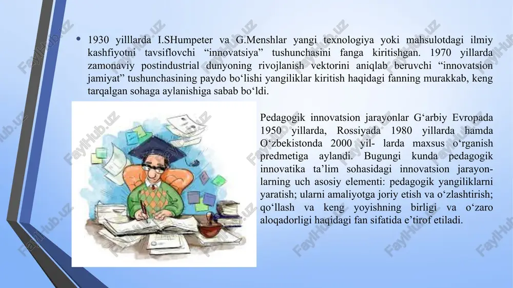 lligi hamda kommunikativ munosabatlarning yuqori darajasi tushuniladi. alohida pedagog uchun esa, bu - uning shaxsidagi ijtimoiy-madaniy va ijodiy o‘ziga xosliklar yig‘indisi, pedagogik faoliyatni takomillashtirishga tayyorligi hamda buning uchun zaruriy ichki vosita va metodlarning mavjudligidir. nazorat savollari 1. jamiyat rivojlanishi nuqtai nazaridan novatorlik va an’anaviylik tushunchalarini izohlab bering. 2. “innovatika” tushunchasi bundan yuz yil avval paydo bo‘lgan deb izohlashadi. mazkur izohga aniqlik kiriting. 3. “innovatsion jarayonlar” tushunchasining to‘liq tavsifi xx asrning boshlarida ishlab chiqilgan, deyishadi. mazkur fikrga aniqlik kiriting. 4. “innovatsiya” tushunchasining ilmiy amaliyotga kiritili- shini izohlab bering. 5. “innovatika - fanlararo tadqiqot sohasi” tushunchasini izohlang. 6. qanday jarayon 1970 yillarda yangiliklar kiritish haqidagi fanning murakkab, keng tarqalgan sohaga aylanishiga sabab bo‘ldi? 7. pedagogik innovatsion jarayonlar qachon g‘arbiy evropada, rossiyada hamda o‘zbekistonda maxsus o‘rganish predmetiga aylanganligiga izoh kiriting. 8. rossiyada so‘nggi 20 yilda ta’lim sohadagi yangiliklar kiritish muammosi bilan shug‘ullanib kelayotgan pedagog-psixo- loglarni sanab bering (kamida o‘nta). 9. bugungi kunda pedagogik …
