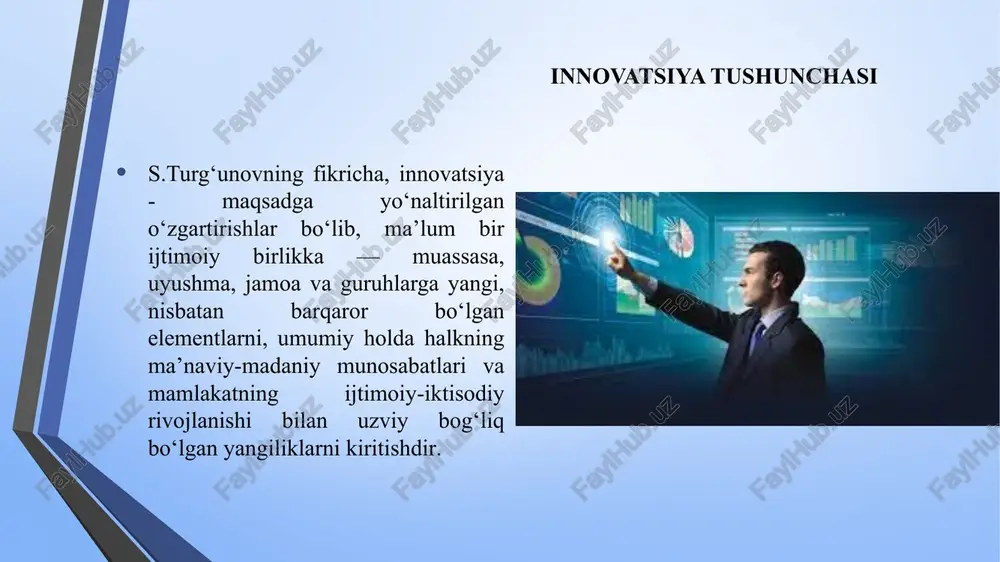 orxonalar tomonidan ta’lim tizimini moliyalashtirishning yangi mexanizmi; - ta’lim tizimida mexnatga haq to‘lashning yangi mexanizmi; - ta’limdagi faoliyat ko‘lamini iqtisod qilish mexanizmi. innovatsiyalar tasnifi texnologik innovatsiyalar yuqorida keltirnlgan pedagogik, tashkiliy va iqtisodiy innovatsiyalar bilan muvofiqlashtirilgan va o‘zaro aloqadorlik asoeida amalga oshirilsagina, u o‘zining yuqori samarasini beradi. texnologik innovatsiyalarni ishlab chiqish va keng tatbiq etish, ta’lim jarayonida zamonaviy kompyuter va telekomunikatsiya texnologiyalari innovatsion o‘kuv jarayoni rivojlanishining muhim omilidir. yangi axborot texnologiyalarini oxirgi o‘n yillikdagi takomillashuvi va rivojlanishi ta’lim tizimiga yangiliklarni kirib kelishini tezlashtirdi va kuchaytirdi. innovatsiyalar tasnifi innovatsion texnologiyalar hozirgi kundagi innovatsion ta’lim tizimida keng tarqalgan texnologiyalarning asosiy turi sifatida kuyidagilarni ajratsak bo‘ladi: audio va video kassetalar, disklar; telefon; radio va televideniya; elektron pochta; kompyuter o‘rgatish programmalari; internet; telekonferensiya (audio-konferensiyalar, audio-grafik, video-konferensiyalar, kompyuter konferensiyalari). innovatsiya turlari haqida o.g.xomeriki o‘quv-tarbiya jarayonining u yoki bu tarkibiy qismi bilan bog‘liqlikda innovatsiyalarni quyidagi turlarga ajratib ko‘rsatadi: 1) ta’lim mazmuniga doir innovatsiyalar; 2) o‘quv-tarbiya jarayoni metodlari, …