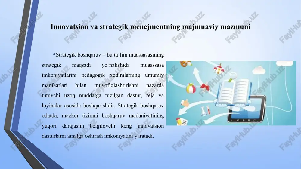 kun muvaffaqiyatlarini o‘ylab ish yuritsa, firma kelajagini xavf ostida qodirsa juda kamdan-kam hollardagina korxona ravnaq topadi. maqsadli strategik jarayon har bir rahbar o‘z oldiga aniq bir maqsadni qo‘yishi kerak. korxona belgilangan maqsadiga erishish uchun o‘z oldiga qo‘ygan vazifalardan kelib chiqqan holda, uning har bir bo‘linmasi alohida vazifalarni bajarishi kerak. buning uchun rahbar maqsadli strategik jarayonni tahlil qiladi. maqsadli strategik jarayon quyidagilarni o‘z ichiga oladi: tashkilotning uzoq muddatli maqsadlarini va strategiyalarini belgilash; tashkilotning faoliyat tarmoqlari bo‘yicha umumiy maqsadlarni belgilash; harakatlar rejasi, yakka shaxs maqsadlarini va ularni amalga oshirishni rejalashtirish. strategiyani ishlab chiqishda muammolarni yechish va oldini olish korxonada ishlab chiqarish faoliyati jarayonida bir nechta muammolarni echilishini talab etadi. muammoning samarali echimi ko‘p jihatdan maqsadni kim tomonidan aniqlashga bog‘liq bo‘ladi. muammoni echishning bir nechta variantlari mavjud bo‘lib, bular quyidagilar: 1.rahbar o‘zi qo‘l ostidagilarning maqsadlarini aniqlaydi. 2.ma’sul bajaruvchi xodimlar maqsadni tanlaydi. 3.maqsadlarni bo‘lim boshliqlari va xodimlar bilan birgalikda ishlab chiqadilar. 4.tegishli sohadagi mutaxassislar …
