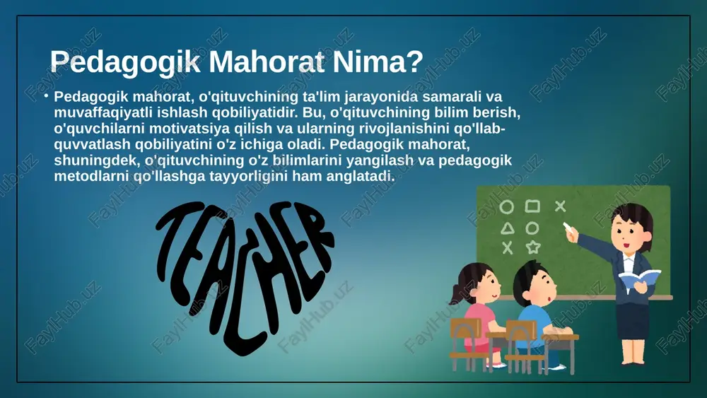inobatga olgan holda ta'lim berishga imkon yaratadi. bu esa har bir o'quvchining individual ehtiyojlarini qondirishga yordam beradi. o'qituvchining rivojlanish jarayoni shaxsiy va professional o'sish o'qituvchining shaxsiy rivojlanishi o'qituvchining shaxsiy rivojlanishi uning pedagogik mahoratini oshirishda muhim rol o'ynaydi. bu jarayon, o'qituvchining o'zini anglash, yangi bilimlarni o'zlashtirish va o'z uslublarini takomillashtirishni o'z ichiga oladi. shaxsiy rivojlanish, o'qituvchining o'ziga bo'lgan ishonchni oshiradi va ta'lim jarayonida samaradorlikni ta'minlaydi. professional rivojlanishning ahamiyati o'qituvchining professional rivojlanishi, ta'lim sohasidagi yangi tendensiyalar va metodlarni o'zlashtirishni talab etadi. bu jarayon, o'qituvchining bilim va ko'nikmalarini kengaytirishga yordam beradi, shuningdek, o'quvchilarga sifatli ta'lim berish imkonini yaratadi. rivojlanishning asosiy yo'nalishlari mentorlik va hamkorlik o'qituvchilarni bir-biriga yordam berish va tajriba almashish uchun platforma yaratadi. bu jarayon, o'qituvchilarning o'zaro rivojlanishiga xizmat qiladi. rivojlanishning asosiy yo'nalishlari o'qituvchilar o'z bilimlarini baham ko'rish va jamoatchilik bilan aloqalar o'rnatish orqali o'z professional rivojlanishlarini yanada mustahkamlashlari mumkin. o'qituvchilar uchun doimiy o'qish va treninglar o'tkazish muhimdir. bu, pedagogik yondashuvlarni yangilash …