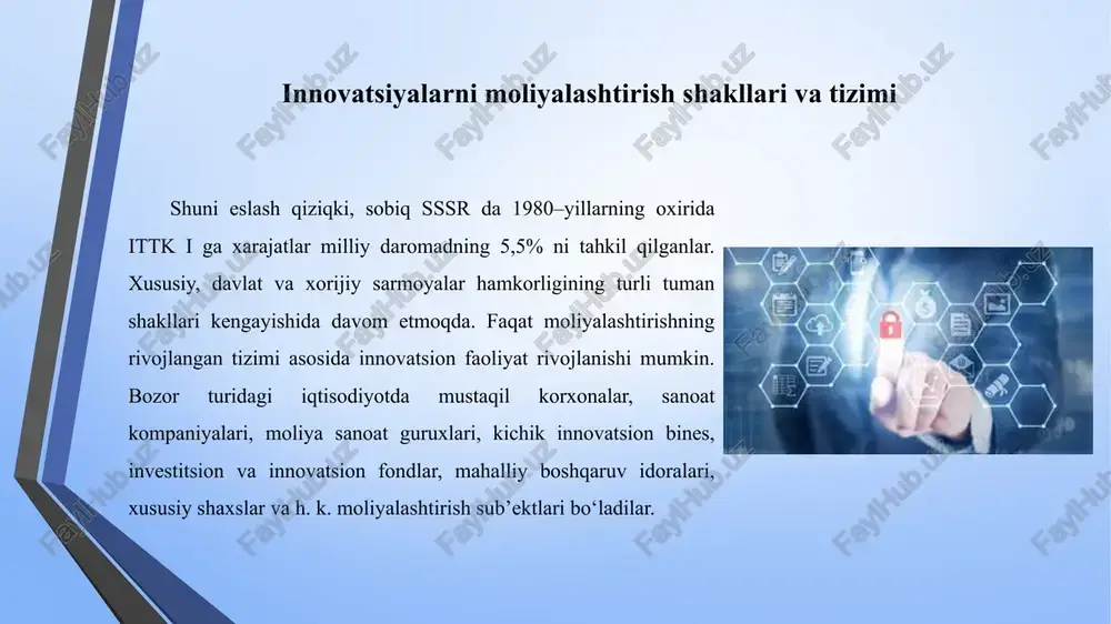 shning variant belgisi) nomoddiy xarakteri haqiqiy loyihalarp bozorida emas, balki faqat qimmatbaho qog‘ozlar bozorida ishlash. sarmoyador xatarining yuqori darajasi loyihani moliyalashtirish hukumatlar, xalqaro moliyaviy institutlar. tijorat banklari. mamlakat korxonalari. xorijiy sarmoyadorlar instutsional sarmoyadorlar investitsion loyiha. innovatsion loyiha moliyalashtirishning maqsadli xarakteri. xatarlarni taqsimlanishi. davlat ishtirokchi moliyaviy muassasalarning kafolati. nazoratning yuqori darajasi investitsiyaon muhitga bog‘iqlik, kredit xaratlarining yuqori darajasi. beqaror qonunchilik va soliq tartibi. innovatsiya loyihalarini moliyalashtirish xususiyatlari ijtimoiy-iqtisodiy tizimlarning innovatsion rivojlanish xiliga o‘tishning tashkiliy boshqaruv jarayonining ta’minlanishi quyidagi tadbirlar majmuasidan iborat: firma yoki korporatsiyalarning ishlab chiqarish va sotish operatsiyalarini markazlashtirish. ilmiy-texnik mahsulotlarni oddiy maqsadlar va oddiy operatsiyalar orqali ishlab chiqarishga yordam beruvchi egiluvchan tashkiliy texnologik tizimini yaratish. (buning asosida ilmiy ishlab chiqarish tizimini yangi avlodini qabul qilish yoki mukammalashtirish yotadi). istiqbolli sohalarini egallashga qaratilgan innovatsion tadbirkorlik firmalarini, ilmiy laboratoriyalarini yaratish. innovatsiya loyihalarini moliyalashtirish xususiyatlari o‘zida istiqbolli ilmiy izlanishlarni va ishlab chiqarish, moliyalashtirishni, ularning natijalaridan foydalanish huquqini egallash, mutaxassislarini o‘qitish va qayta …