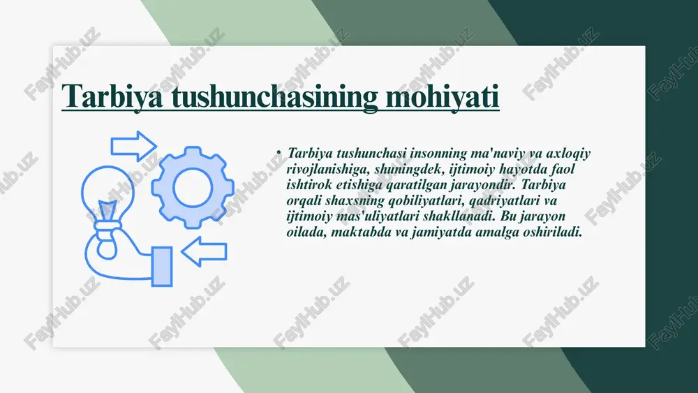 rivojida psixologik omillar shaxs rivojida psixologik omillar, masalan, motivatsiya va emotsiyalar, muhim ahamiyatga ega. ular shaxsning o'z-o'zini anglashiga, o'ziga ishonchiga va ijtimoiy ko'nikmalariga ta'sir qiladi. shuningdek, muhit va tarbiyachilar ham shaxs rivojlanishiga ta'sir qiladi. psixologik omillarni hisobga olish shaxsiy rivojlanish jarayonida motivatsiya va emotsiyalarni rag'batlantirish bolalarning o'z-o'zini anglashini oshiradi. bu esa ularning kelajakdagi muvaffaqiyatlariga ta'sir qiladi. psixologik omillarni hisobga olish shuningdek, psixologik omillar tarbiyada ijtimoiy ko'nikmalarni rivojlantirishga yordam beradi. bu bolalarning jamoaviy ishlar va munosabatlaridagi muvaffaqiyatini ta'minlaydi. psixologik omillarni hisobga olish tarbiyada samarali natijalarga erishish uchun zarur. tarbiyachilar bolalarning psixologik ehtiyojlarini tushunib, ularga mos usullarni qo'llashlari kerak. tarbiyaga ta'sir etuvchi asosiy omillar tarbiyaga ta'sir etuvchi omillar bir necha asosiy komponentlardan iborat bo'lib, ular o'zaro bog'liqdir. oila, maktab, jamiyat va madaniyat kabi omillar tarbiyalash jarayonida muhim rol o'ynaydi. har bir omil o'ziga xos ta'sir ko'rsatadi va farzandlar tarbiyasiga ijobiy yoki salbiy ta'sir ko'rsatishi mumkin. oila va uning ta'siri oila tarbiyada asosiy …