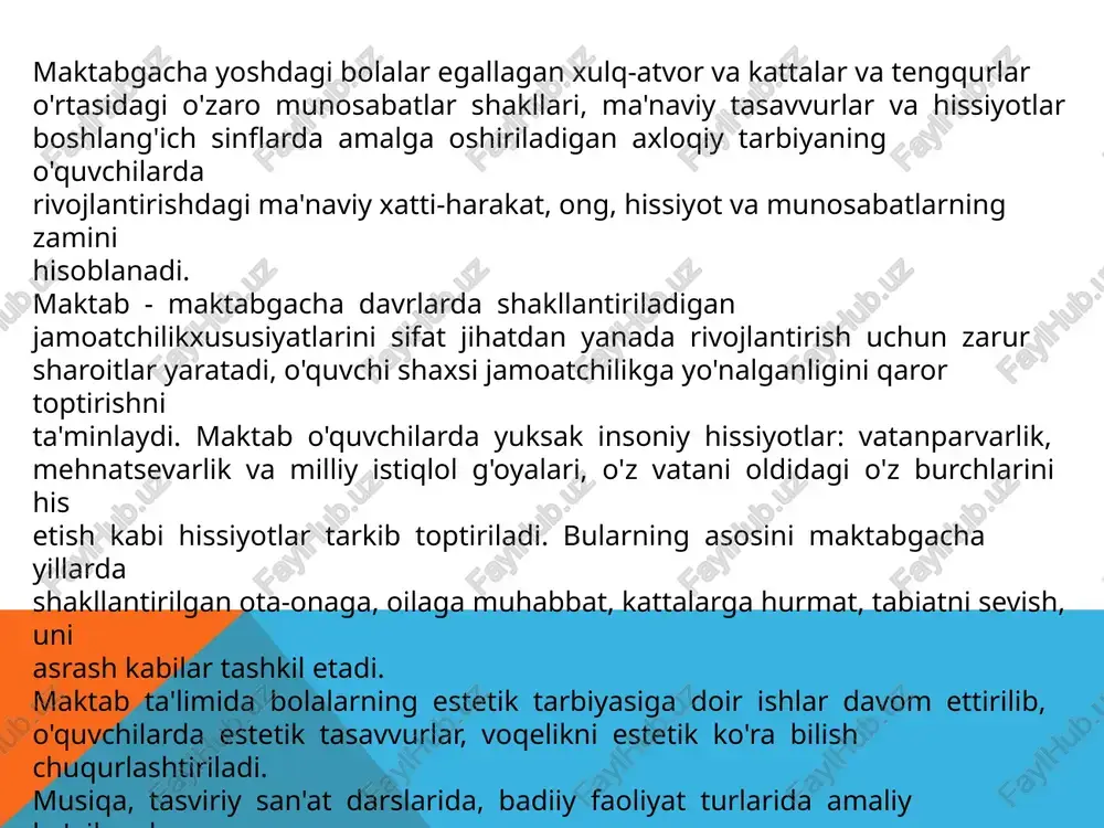 va ayrim elementar tushunchalar tashkil etadi. voqelikning turli sohalari haqidagi tasavvurlarning u mumiy tizimi bolagadunyoni to'g'ri anglay olish va umumiy rivojlanishning zarur darajasini ta'minlaydi, bu esa zamonaviy ta'lim mazmunini egallashga katta imkoniyat yaratadi. maktabda o'quvchilar bilimlarining mazmuni yuqori darajaga ko'tarila borib, voqelikning turli sohalariga oid bilimlarini yanada kengay tirish va chuqurlashtirish jarayoni faol sodir bo'ladi, ayni shu vaqtda o'quvchilar oldiga bilimlarni nazariy nuqtayi nazardan anglash masalasi ko'ndalang qo'yiladi. maktabning ta'limiy jarayonida o'quvchilarda ilmiy tushunchalarni shakllantirish bosh vazifa hisoblanadi. o'quvchilarning dunyo haqidagi bilimlarini tabaqalashtirish 1-sinfdan boshlab, fanni o'tishda, fan asoslarini maqsadli o'rganishda o'z aksini topadi. bilimlarni kengaytirish, chuqurlashtirish, tizimli hamda ilmiy tushunchalarni o'zlashtirishda o'qishda qo'llaniladigan metod va shakllarning ahamiyati kattadir. o'qitish metodlardagi izchillikning sharti - ularni bolalarningbilim, malaka vako'nikmalariniongli, mustaqil egallashlari, bolalarni maktabda va maktabhacha ta‘lim tashkilotida ham aqliy qobiliyatlari va ijodiy faolliklarini rivojlantirishga yo'nalganligining birligidir. maktabhacha ta‘lim tashkilotida qo'llaniladigan o'qitish metodi va usullari bolalarning keng aqliy hamda ma'naviy-irodaviy rivojlanishlariga yordam …