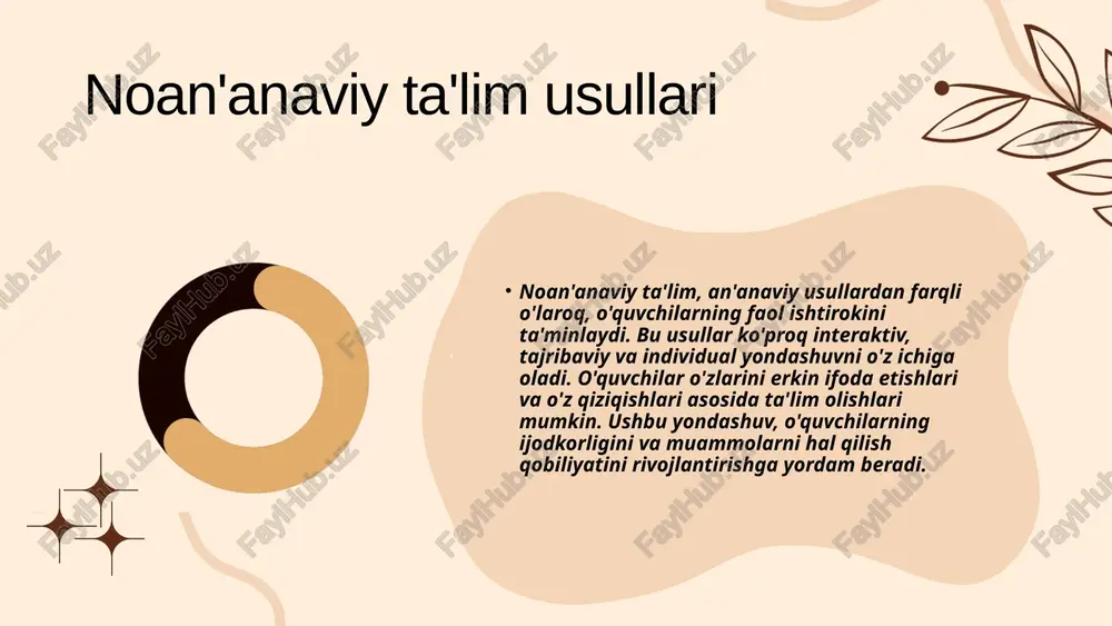 , o'quvchilarning o'zaro aloqalarini mustahkamlashda muhim rol o'ynaydi. kooperativ o'qitishning afzalliklari kooperativ o'qitish usullari o'quvchilarga o'z fikrlarini erkin ifoda etish imkoniyatini beradi. bu usul, o'quvchilarni faol ishtirok etishga va o'zaro yordam ko'rsatishga undaydi. natijada, o'quvchilarning o'z-o'zini baholash va mustaqil fikrlash qobiliyatlari rivojlanadi. ta'limda kooperativ o'qitish usullari kooperativ o'qitish, o'quvchilarning motivatsiyasini oshirishda ham muhim ahamiyatga ega. o'quvchilar bir-biridan o'rganish orqali, ta'lim jarayonida yanada faol ishtirok etishga undaydilar. ushbu usul, o'quvchilarga o'zaro tajriba almashish va muammolarni birgalikda hal qilish imkonini beradi. natijada, o'quvchilar o'z bilimlarini chuqurlashtiradi va yangi g'oyalarni ishlab chiqishadi. kooperativ o'qitish, ta'lim jarayonida o'quvchilarning bir-biriga yordam berishiga imkon yaratadi. bu yondashuv, o'quvchilarning o'zaro munosabatlarini kuchaytiradi va jamoaviy fikrlashni rivojlantiradi. ta'limning yangi yo'nalishlari noan'anaviy ta'lim shakllari ta'limda innovatsiyalar va o'zgarishlar noan'anaviy ta'lim shakllari zamonaviy ta'lim tizimida muhim o'rin egallaydi. ular o'quvchilarning ijodkorligini, tanqidiy fikrlashini va muammolarni hal qilish qobiliyatini rivojlantirishga yordam beradi. masalan, onlayn ta'lim, loyiha asosidagi o'qitish va hamkorlikda o'qish …