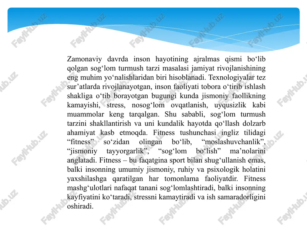 rdan voz kechish (chekish, spirtli ichimlik, nosog‘lom odatlar); uyqu gigiyenasi (muntazam va yetarli uyqu olish). sog‘lom turmush tarzini shakllantirishda fitness ilovalarining o‘rni katta. ular yordamida foydalanuvchi o‘z jismoniy faolligini kuzatishi, mashg‘ulot rejasini tuzishi, yurak urish tezligini o‘lchashi, hatto ovqatlanish ratsionini nazorat qilishi mumkin. mobil ilovalar orqali sog‘lom turmush tarzini qo‘llab-quvvatlash insonni yanada intizomli, maqsadga yo‘naltirilgan va faol bo‘lishiga yordam beradi. fitness ilovalari foydalanuvchilarni sog‘lom hayot sari undaydi, ularda natijani ko‘rish, o‘z ustida ishlash, o‘zini sinash va boshqalar bilan raqobat qilish imkonini yaratadi. bunday raqamli vositalar sog‘lom jamiyatni shakllantirishda zamonaviy va samarali yondashuvlardan biridir. xulosa zamonaviy axborot texnologiyalari rivojlanishining eng muhim yo‘nalishlaridan biri bu — inson salomatligini saqlash, sog‘lom turmush tarzini shakllantirish va jismoniy faollikni oshirishga xizmat qiluvchi raqamli yechimlarni yaratishdir. fitness va sog‘liqni saqlash ilovalari bugungi kunda inson hayotining ajralmas qismiga aylanib bormoqda. ular nafaqat sport bilan shug‘ullanishni qulaylashtiradi, balki sog‘lom hayot tarziga motivatsiya beradi, foydalanuvchining jismoniy va ruhiy holatini …