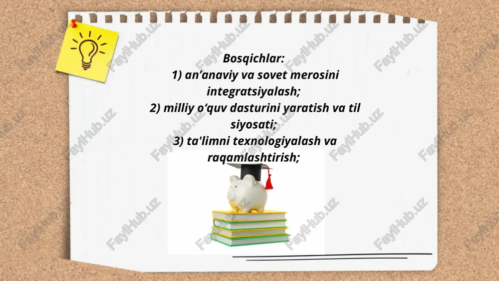 ashning muhim yo’nalishi. 5 ta asosiy tamoyil: teng imkoniyat, individualizatsiya, moslashtirilgan oʻquv dasturi, atrof-muhitning toʻsiqsizligi, jamoaviy yondashuv. ... t.me/slaydai_bot 4) o'qituvchilarning sertifikatlash va malaka oshirish tizimi joriy etilishi. 5) ta'limni raqamlashtirish, elektron tizimlar va onlayn resurslarni kengaytirish. 6) xususiy va nodavlat ta'lim muassasalarini litsenziyalash va akkreditatsiya tartiblari. ... t.me/slaydai_bot o‘qituvchilar uchun baholash me'yorlari va indikatorlari yangilanadi, mustaqil attestatsiya va malaka talablari tizimi inobatga olinadi.yangi baholash modullari amaliyot va loyiha asosida baholanadi. ... t.me/slaydai_bot maktabgacha ta'limni modernizatsiyalash: maqsadlar — 3 yo'nalish: infratuzilmani yangilash, kadrlarni qayta tayyorlash, ta'lim mazmunini modernizatsiyalash. qamrov 0–6 yosh bolalar, ta'lim standartlari va modullar joriy etilishi, ... t.me/slaydai_bot oʻqituvchilarni raqamli kompetensiyalar bo‘yicha qayta tayyorlash, elektron boshqaruv tizimlari va ma'lumotlar bazalarini yaratish ustuvor yo'nalishlaridir. ... t.me/slaydai_bot xalqaro hamkorlik va ta'limni xalqaro standartlarga moslashtirish oʻzbekistonda quyidagi 3 asosiy yoʻnalishni o'z ichiga oladi: ... t.me/slaydai_bot 1) kredit-modul va ectsga oʻxshash tizimlarni joriy etish va diplomlarni tan olish; 2) milliy akkreditatsiya standartlarini …