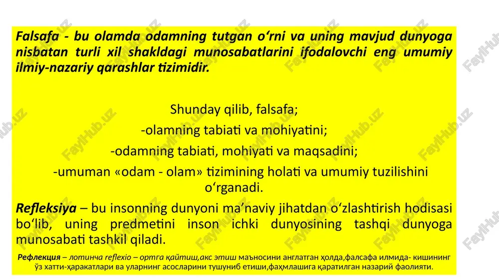 n va zamon bilan bog‘liq bo‘lmagan, o‘zgarmas tushuncha hamda qoidalar bilan ish ko‘ruvchi tafakkur usulidir. dogmatika, [yunoncha dogma,dogmatos – fikr;qaror;ta'limot]1. qanchalik to'g'riligi tanqidiy tekshirib ko'rilmay,haqiqat sifatida ko'r-ko'rona qabul qilingan qonun-qoida,fik;aqida.2. dogmatizm – ekirgan,qotib qolgan,bir tomonlama nazariya va qonun-qoidalarga,aqidalarga asoslangan tafakkur; tanqidiy qaramay, ko'r-ko'rona fikrlash; aqidaparastlik.3. dogmatik-qotib qolgan,o'zgarmas aqidalar tarafdori;aqidaparast. sinergetika olamning o‘z-o‘zini tashkil etish, makon va zamonda narsa va hodisalarning azaliy ketma-ketligi, o‘zaro aloqadorligi, ularning muayyan tizimlardan iborat sababiy bog‘lanishlar asosida mavjudligini e’tirof etishga asoslangan ilmiy qarashlar majmuidir. u asosan xx asrning ikkinchi yarmida shakllangan ta’limot bo‘lib, asoschisi nobel mukofoti sovrindori i.prigojindir. bu ta’limotni dialektika asosida shakllangan va uni to‘ldiradigan ilmiy qarashlar majmuasi deydigan, ularga qarshi o‘laroq, dialektika endi kerak emas, uni sinergetika bilan almashtirish lozim deb hisoblovchilar ham bor. sinergetika atamasi qadimgi yunon tilidan kelib chiqqan bo'lib, birgalik, birlashgan xolda, hamkorlik, ko'maklashish, ishtirokchilik yoki ko'maklashuvchi, yordam beruvchi degan ma'nolarni anglatadi. 2-savol bayoni dunyoqarash – bu «dunyo» so‘zidan olingan bo‘lib, …