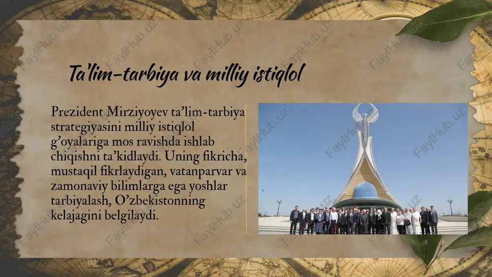 tishni oʻz ichiga oladi. ta'lim sifatini yaxshilash maqsadida oʻqitish metodikalarini yangilash, darslik va oʻquv materiallarini zamonaviy talablarga moslashtirish muhimdir. shavkat mirziyoyev ta'kidlashicha, oʻqituvchilarni muntazam ravishda malaka oshirish orqali ularning kasbiy kompetensiyalarini kuchaytirish lozim. ta'limda ilm-fan va innovatsiyalar yangi imkoniyatlar va yondashuvlar ta'lim-tarbiya masalalariga yondashuvda milliy qadriyatlar va an'analar bilan hamohanglik, shuningdek, global tendensiyalarni hisobga olish - bu yosh avlodni har tomonlama yetuk insonlar qilib tarbiyalashning muhim jihatlari hisoblanadi. zamonaviy ta'limning asoslari shavkat mirziyoyevning ta'lim sohasidagi islohotlari zamirida ilm-fan va innovatsiyalarni integratsiyalash muhim ahamiyat kasb etadi. ushbu jarayon ta'lim tizimini tubdan yangilashga, o'quvchilarning zamonaviy bilim va ko'nikmalarini rivojlantirishga qaratilgan. ta'limda innovatsion yondashuvlar prezident mirziyoyev asarlarida ta'kidlanishicha, ilm-fan va innovatsiyalar ta'lim tizimining barcha darajalarida integratsiyalashishi kerak. bu jarayon o'quv dasturlarini yangilash, pedagog kadrlarning malakasini oshirish, va ta'lim muassasalarining moddiy-texnik bazasini mustahkamlashni o'z ichiga oladi. ta'limda yangi imkoniyatlar innovatsiyalarni joriy etish orqali ta'lim muassasalari o'quvchilar uchun yanada qiziqarli va interaktiv o'quv muhitini yaratishi …