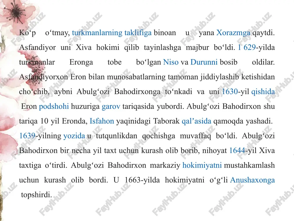 hun undan minnatdordir”. abulg’oziy bahodirxonning tarixiy asarlari xix asrdan boshlab rus va g’arbiy ovropa tarixchilari, etnograflari va tilshunoslarining diqqatini jalb etganini bu katta madaniy yodgorliklarning tarixiy va ilmiy ahamiyatining jahon ilm-fani zukkolari tomonidan e'tirof etilishi deb baholamoq joizdir. “shajarai turk” qozon shahrida 1825 yilda rumyantsev, 1854 yilda sablukov, 1871 yilda esa p.i.demezon tomonidan nashr etilgan. p.n.demezon bu asarni 1871-1874 yillar orasida frantsuz tiliga tarjima qiladi. asarning bu tarjimasi orqali abulg’oziyning nomi faqat frantsiyadagina emas, balki angliya va amerika xalqlari o’rtasida ham tanilishiga yordam beradi abulg’oziyxon nafaqat adib va tarixchi, balki yetuk tilshunos ham bo’lgan. u arab, fors, xitoy, mo’g’ul tillarini yaxshi bilgan. asarlarida toponimlar, antroponimlar, gidronimlar, etnonimlar etimologiyasi haqida so’z yuritib, ularning turli tillardagi nomlanishini ham qayd etadi. abulg’oziy bahodirxonning tilshunos olim sifatidagi faoliyati haqida ayrim kuzatishlar olib borilgan. shunday ishlardan biri qayum karimovning “abulg’oziyning tilga oid ba'zi qaydlari” nomli maqolasidir. olim ushbu maqolada: abulg’oziyxonning tarixiy asarlarida uchrovchi ayrim so’z …