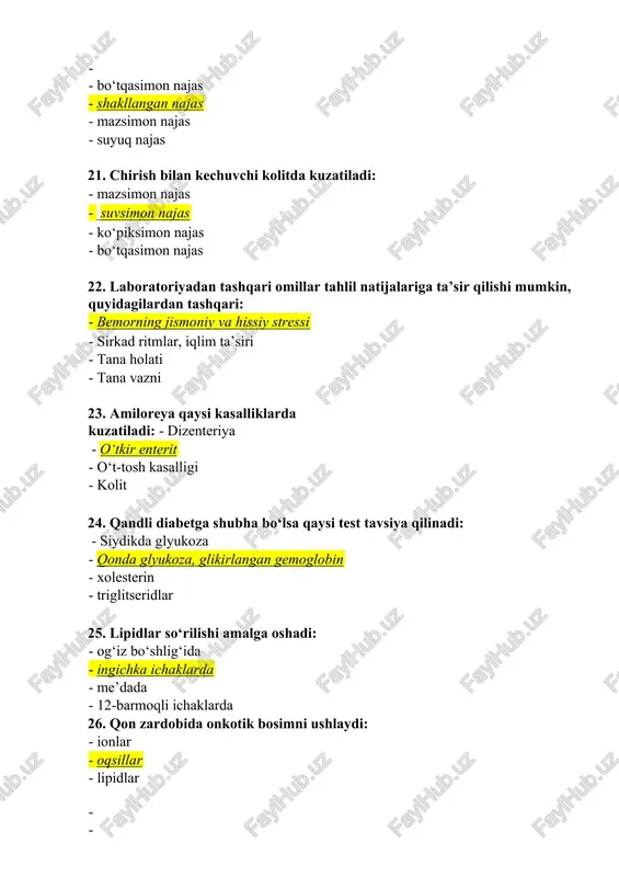 piteliy bilan qoplangan: · ko‘p qatorli hilpillovchi epiteliy · silindrik epiteliy · o‘tuvchi epiteliy · ko‘p qavatli yassi muguzlanuvchi epiteliy 41. tahlil natijalariga ichki laboratoriya xususiyatining quyidagi omillari ta’sir qilishi mumkin: - namuna saqlash sharoitlari · pipetkada ishlash omili, ishlatilgan usul prinsipi · gemoliz, lipemiya · yuqorida aytilganlarning hammasi 42. ot zardobidan tayyorlangan nazorat materiali quyidagi hollarda foydalanish mumkin: - qo‘shimchalari mavjud bo‘lsa · 60 daqiqa ichida eriydi · 0,2 birlikdan kam loyqalanishga ega. ekstinksiya (kyuveta 0,3 sm; to‘lqin uzunligi 630 - 690 nm) · sariq rangda va yaltiroqlikka ega 43. surtmalarda kuzatilayotgan o‘zgarishlarning artefakt ekanligini bildiruvchi sitologik belgi: · yadro giperxromiyasi yeki gipoxromiyasi · - hamma hujayralardagi bir xil o‘zgarishlar · sitoplazma bazofiliyasi · sitoplazma vakuolizatsiyasi 44. aterogen effektga ega: - zichligi yuqori lipoproteidlar zichligi past lipoproteidlar fosfolipidlar polito‘yingan kislotalar 45. koagulologik tadqiqotlar sifatini nazorat qilishda qo‘llanilmaydi: - ko‘p sonli donorlarning aralashgan yangi plazmasi (kamida 20 kishi), kalibrlash uchun …