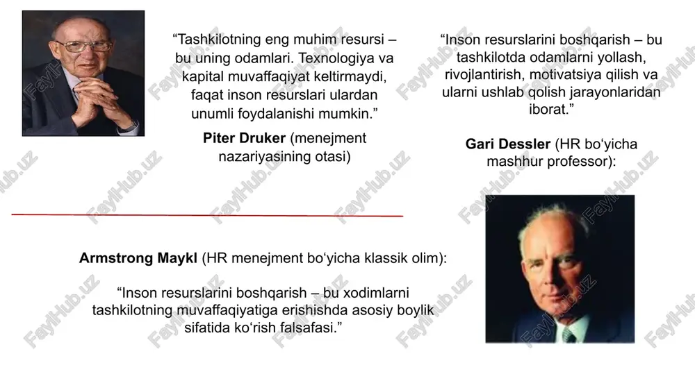ini boshqarish bosqichlari 1. resurslarni rejalashtirish: inson resurslariga kelgusi ehtiyojlarni qondirish rejasini ishlab chiqish. 2. personalni to’plash: barcha lavozimlar bo’yicha potensial nomzodlar rezervini tashkil etish. 3. tanlash: ish joylariga nomzodlarni baholash va rezervdan eng yaxshilarini tanlash. 4. ish haqi va imtiyozlarni aniqlash: xizmatchilarni jalb qilish, yollash va saqlab qolish maqsadida ish haqi va imtiyozlar strukturasini ishlab chiqish. 5. kasbga yo’naltirish va moslashuv: yollangan ishchilarni tashkilot va uning bo’linmalari bilan tanishtirish, ishchida undan nima kutilayotganligi haqida tushuncha hosil qilish 6. o’qitish: ishni samarali bajarish uchun kerakli mehnat ko‗nikmalarini o’rgatish uchun dasturlar ishlab chiqish. 7. mehnat faoliyatini baholash: mehnat faoliyatini baholash metodikasini ishlab chiqish va uni xodimg etkazish. 10 hozirgi inson resurslarini tahlil qilish tashkilotda yaqin orada nima sababdan bo'sh o'rinlari paydo bo'lishi mumkin? boshqa ishga o'tib ketishi nafa- qaga chiqishi yangi lavozimga ko'tarili- shi turmush qurishi yoki farzandli bo'lishi kasal yoki ishga yaroqsiz bo'lib qolishi sohasini o'zgartiri- shi boshqa mamlakat- ga …
