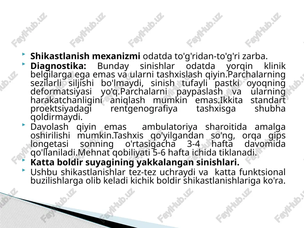 lanishga yordam beradi); 5) bo'g'imdagi harakatni iloji boricha tezroq boshlash. singanning xususiyatiga qarab, gips bog`lamini qo'llash bilan bir bosqichli repozitsiyani, skelet tana tortmaga olish so'ngra gipsli bog`lam qo'llash va operativ davo qo'llash mumkin. yopiq diafiz sinishlari uchun jarrohlik davolash yopiq repozitsiya qilib bolmedigon holatlarda togridan togri korsatma hisoblanadi. yopiq repozitsiyaning imkonsizligi ko'p hollarda yumshoq to'qimalar yoki suyak interpozitsiyasi bilan izohlanadi. operativ davolash:yangi siniqlar uchun ,shuningdek, biron bir sababga ko'ra skeletni tortib olish bilan davolash mumkin bo'lmagan yoki istalmagan holatlarda qo'llaniladi va gipsli bog`lam bilan parchalarning ikkilamchi siljishini oldini olishga qodir emasligida jarrohlik davoga muhtoj agar ikkala boldir suyagi singan bo'lsa, faqat katta boldir suyagi osteosintezi diafiz sohasida amalga oshiriladi. xuddi shu siniqlarni osteosintezi uchun turli xil usullar va konstruktsiyalardan foydalanish mumkin. umumiy talab-osteosintez barqaror bo'lishi kerak, bu parchalar orasidagi har qanday harakat ehtimolini yo'q qiladi. bunga tashqi fiksatsiya moslamalari yordamida erishish mumkin va periostal yoki intramedullar moslamalar yordamida(vintlar,plastinalar,shtiftlar va ularni …