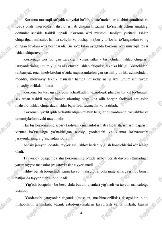 ishlov berish bosqichida yarim tayyor mahsulotlar yoki materiallarga ishlov berish natijasida tayyor mahsulot olinadi. yig’ish bosqichi - bu bosqichda buyum qismlari yig’iladi va tayyor mahsulotga aylanadi. yordamchi jarayonlar deganda (masalan, mashinasozlikda) dastgohlar, bino, inshootlarni ta’mirlash; texnik asbob-uskunalarni tayyorlash va ta’mirlash; barcha turdagi energiyalar (elektr, issiqlik, siqilgan havo) ni ishlab chiqish va uzatish tushuniladi. ba’zi yordamchi jarayonlar uch bosqichdan: tayyorlov, ishlov berish va yig’ish (masalan, texnik uskunalarni tayyorlash) jarayonlaridan tashkil topishi mumkin. xizmat ko’rsatuvchi - jarayonlarga asosiy va yordamchi jarayonlarga xizmat ko’rsatish bilan bog’liq bo’lgan (masalan, ombor ishlari, nazorat ishlari) jarayonlar kiradi. ishlab chiqarish jarayoni ayrim qismlarga bo’linadi va bu jarayonlarning tarkibi operatsiyalardan tashkil topadi. operatsiya-ishlab chiqarish jarayonining bir qismi bo’lib, u ishchi o’rnida dastgohni yoki uning qismlarini o’zgartirmagan holda bitta ishchi tomonidan bajariladi. operatsiyalar asosiy va yordamchi operatsiyalarga bo’linadi. ishchi o’rni - bu ishlab chiqarish maydonining bir qismi bo’lib, u ishchilar ishlab chiqarish jarayonidagi ma’lum operatsiyalarni bajarishi uchun zarur bo’lgan …