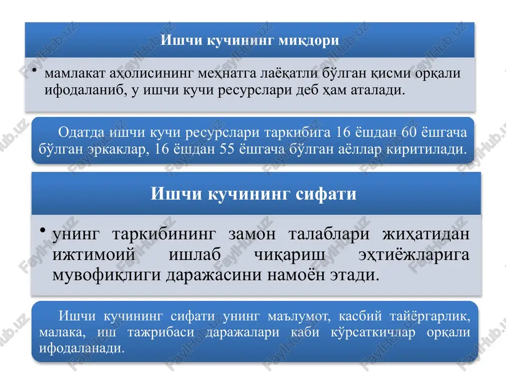 iruvchi asosiy omil bo'lib ishlab chiqarish sohasidagi ijtimoiy mehnat unumdorligining o'sishi hisoblanadi. ishchi kuchi qiymatini oshiruvchi omillar qatoriga quyidagilarni kiritish mumkin: ish kunining, mehnat intensivligining oshishi; turli xil tabiiy va tarixiy sharoitlar, fan texnikaning rivojlanishi, o'qish va kasbiy bilimlar olishga sarflarning ko'payishi va h.k. ishchi kuchi tovarining nafliligi uning, mehnat qilish jarayonida o'z qiymatidan ortiqcha, ya'ni qo'shimcha mahsulot qiymatini yaratib, kapital egasining foyda olishga bo'lgan ehtiyojini qondirish layoqati orqali namoyon bo'ladi. ishchi kuchi bozori talab va taklif qonuniga muvofiq iqtisodiyot tarmoq va sohalari bo'yicha ishchi kuchi resurslarini taqsimlash va qayta taqsimlash vazifasini bajaradi. bunda ishchi kuchi bozori sub'ektlarining sifat jihatidan farq qiluvchi manfaatlarini o'zaro uyg'unlashtirish va bog'lashni qiymat tamoyillari asosida shakllantiriladi. ish haqi darajasi, r ishchi kuchi miqdori, q as ad e re qe ishchi kuchi bozoridagi talab va taklif egri chizig'i biri ishchi kuchini sotib, daromad olishni istasa boshqa biri uni xarid qilib, ishlatib foyda ko'rishni istaydi ular o'rtasidagi …
