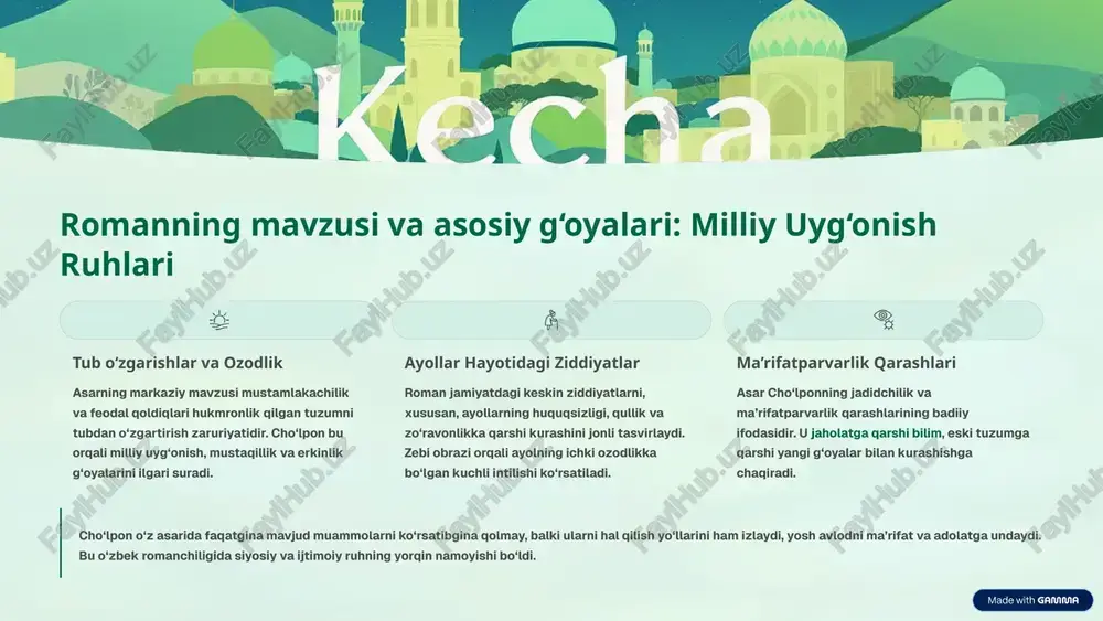 unduz" mavjud bo‘lganida, unda zebining sibir surgunidan qaytishi va miryoqubning qrim safaridan keyingi hayoti tasvirlanishi kutilgan. bu qismda eski zulmatdan keyingi yorug‘lik — milliy ozodlik va ma’rifatga erishish jarayoni ko‘rsatilishi lozim edi. "kunduz"ning yo‘qolishi o‘zbek adabiyoti uchun katta yo‘qotish bo‘ldi, ammo uning mavjudligi haqidagi sirli taxminlar cho‘lpon merosini yanada qiziqarli qiladi. 6 romanning ijtimoiy va madaniy ahamiyati milliy romanchilikning rivoji “kecha va kunduz” asari o‘zbek adabiyotida yangi janr — roman shakllanishiga va rivojlanishiga asosiy turtki bo‘ldi. cho‘lpon o‘zbek nasrida psixologik tahlil va syujet qurilishining yangi standartlarini o‘rnatdi. xalq hayoti va mentaliteti asar o‘zbek xalqining xx asr boshidagi turmush tarzi, qadriyatlari, urf-odatlari va milliy mentalitetini nihoyatda chuqur va haqqoniy aks ettirgan. u o‘tmish madaniyatiga oynadir. jadidchilik g‘oyalari targ‘iboti roman jadidchilik g‘oyalarini, ya’ni ma’rifat, ilm-fan va milliy uyg‘onish ruhini keng targ‘ib qildi. bu asar xalqning ijtimoiy ongi o‘sishiga bevosita hissa qo‘shgan siyosiy-ijtimoiy manifest vazifasini o‘tadi. romanning badiiy kuchi shundaki, u ijtimoiy g‘oyalarni …