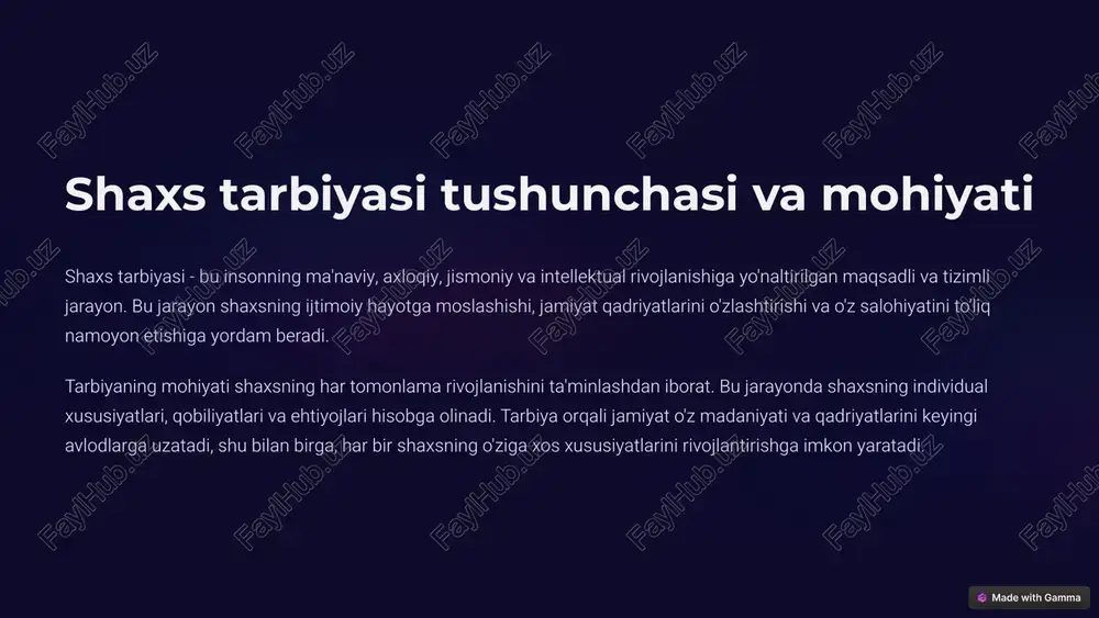 o'rnini topadi. bu jarayonda shaxs o'z fikrlarini ifoda etishni, boshqalarni tinglashni va hamkorlikda ishlashni o'rganadi. jamoada shaxs o'z mas'uliyatini his qilishni, jamoa manfaatlarini shaxsiy manfaatlardan ustun qo'yishni o'rganadi. bu esa kelajakda jamiyatning faol a'zosi bo'lishiga yordam beradi. shu bilan birga, jamoa shaxsning ijodiy va liderlik qobiliyatlarini namoyon qilish uchun imkoniyat yaratadi. 11 etiboringiz uchun rahmat image1.png image2.png image3.png image4.png image5.png image6.png image7.png image8.png image9.png image10.png image11.png image12.png © made with gamma a(s ——_ ——_ ——_ ——_