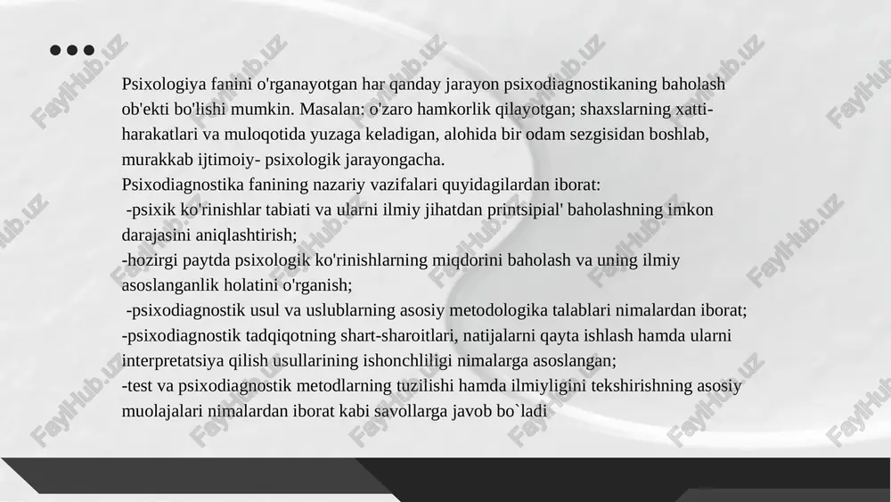 tkaziladi, bunda bola boshidan kechirayotgan qo'rqinch, xavotirlanish, o'ziga ishonmaslik kabi holatlar yo'qotiladi psixodiagnostikaning kasbiy-axloqiy jihatlari psixodiagnostika bu psixologning kasbiy faoliyatidagi murakkab va juda ma'suliyatli sohadir. shuning uchun ham psixodiagnostikaga bir qator ijtimoiy-axloqiy talablar qo`yilgan bo'lib, ular quyidagilardir. -psixodiagnostika sirlarini saqlash. -psixodiagnostik metodikalarning ilmiy asoslanganligi. -sinaluvchiga ziyon etkazmaslik. testlarning klassifikasiyasi psixologiyada test deb, o'rganilayotgan xususiyatning rivojlanganlik darajasini, miqdoriy va sifat ko'rsatkichlarini bir- biriga taqqoslash imkonini beruvchi standartlashtirilgan psixodiagnostik metodikaga aytiladi. metodikaning standartlashtirilishi tushunchasining ma'nosi shundan iboratki, u voqea, hodisalardan boshlab sinaluvchiga beriladigan ko'rsatmalar. hisoblash usuli, olingan natijalarni sharhlash bilan tugaydigan, butun jarayonning hammasi, hamma vaqt va har joyda bir xil qo'llanilishiga aytiladi. testlar yordamida olingan baholar, agar test to'g'ri qo'llanilgan bo'lsa, test qachon, qaerda, qanday qilib va kim tomonidan qo'llanilganidan qat'i nazar ularni bir-biri bilan tenglashtirish, taqqoslash deb yuritiladi. har xil psixodiagnostik metodikalarda testlarning validlik, ishonchlilik, aniqlik va bir xillik mezonlarigak juda qat'iy talablar qo'yiladi. testlarning ko'plab turlari mavjud va ularni …