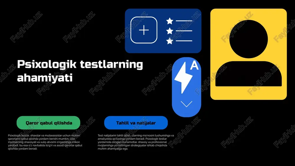 treninglar o‘tkazish zarur. shaxsiy salohiyatlarni aniqlashda test natijalarini tahlil qilish va individual yondashuvlar qo‘llanilishi muhimdir. bu jarayon shaxsiy rivojlanish va karyera yo‘nalishlarini belgilashda yordam beradi. xulosa psixologik testlar turlari psixologik testlar ko'plab turlarga bo'linadi, har biri o'z ahamiyatiga ega. testlarning ahmiyati testlar qaror qabul qilish jarayonida muhim rol o'ynaydi. kelajakdagi rivojlanish kelajakda psixologik testlar yangi texnologiyalar bilan rivojlanishi kutilmoqda. e'tiboringiz uchun rahmat! thank you! thank you! thank you! thank you! thank you! thank you! thank you! thank you! designed by slides carnival image9.png image10.png image11.png image12.png image13.png image14.png image1.png image2.png image3.png image4.png image5.png image6.png image7.png image8.png image16.png image17.png image18.png image19.png image20.png image21.png ; 7 ; : ; : ; a 7 i 7 : 7 7 i 7 7 7 7 7 7 7 a 7 7 = ‘