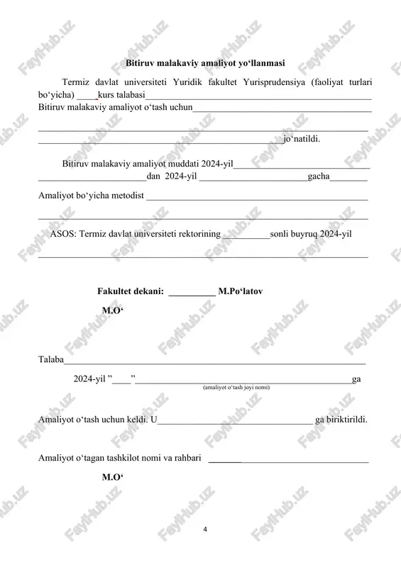 t davrida bajarilgan ishlar haqida qisqacha ma’lumot bajarilgani haqida qaydlar sana amaliyot davrida bajarilgan ishlar haqida qisqacha ma’lumot bajarilgani haqida qaydlar sana amaliyot davrida bajarilgan ishlar haqida qisqacha ma’lumot bajarilgani haqida qaydlar sana amaliyot davrida bajarilgan ishlar haqida qisqacha ma’lumot bajarilgani haqida qaydlar sana amaliyot davrida bajarilgan ishlar haqida qisqacha ma’lumot bajarilgani haqida qaydlar sana amaliyot davrida bajarilgan ishlar haqida qisqacha ma’lumot bajarilgani haqida qaydlar tanishtiruv amaliyotini o‘tash tartibi bitiruv malakaviy amaliyot tayyorlov bosqichining birinchi kunida ishchi-o‘quv rejaga asosan otmdan biriktirilgan bitiruv malakaviy amaliyot rahbari va qabul qiluvchi tashkilotdan biriktirilgan bitiruv malakaviy amaliyot rahbari tomonidan yig‘ilish o‘tkaziladi. yig‘ilishda talabalar amaliyotni o‘tash dasturi bilan tanishadilar, uning maqsad va vazifalariga taalluqli ko‘rsatmalar, ularni bajarish bo‘yicha qo‘llanmalarni oladilar, bitiruv malakaviy amaliyot o‘tash va bitiruv malakaviy amaliyot o‘tash to‘g‘risida hisobot tuzish tartibi haqida xabardor qilinadilar. bitiruv malakaviy amaliyotni o‘tashning boshida talabalar qabul qiluvchi tashkilotning tuzilishi, faoliyat yo‘nalishlari, o‘ziga xosligi bilan tanishadilar hamda otmdan biriktirilgan …